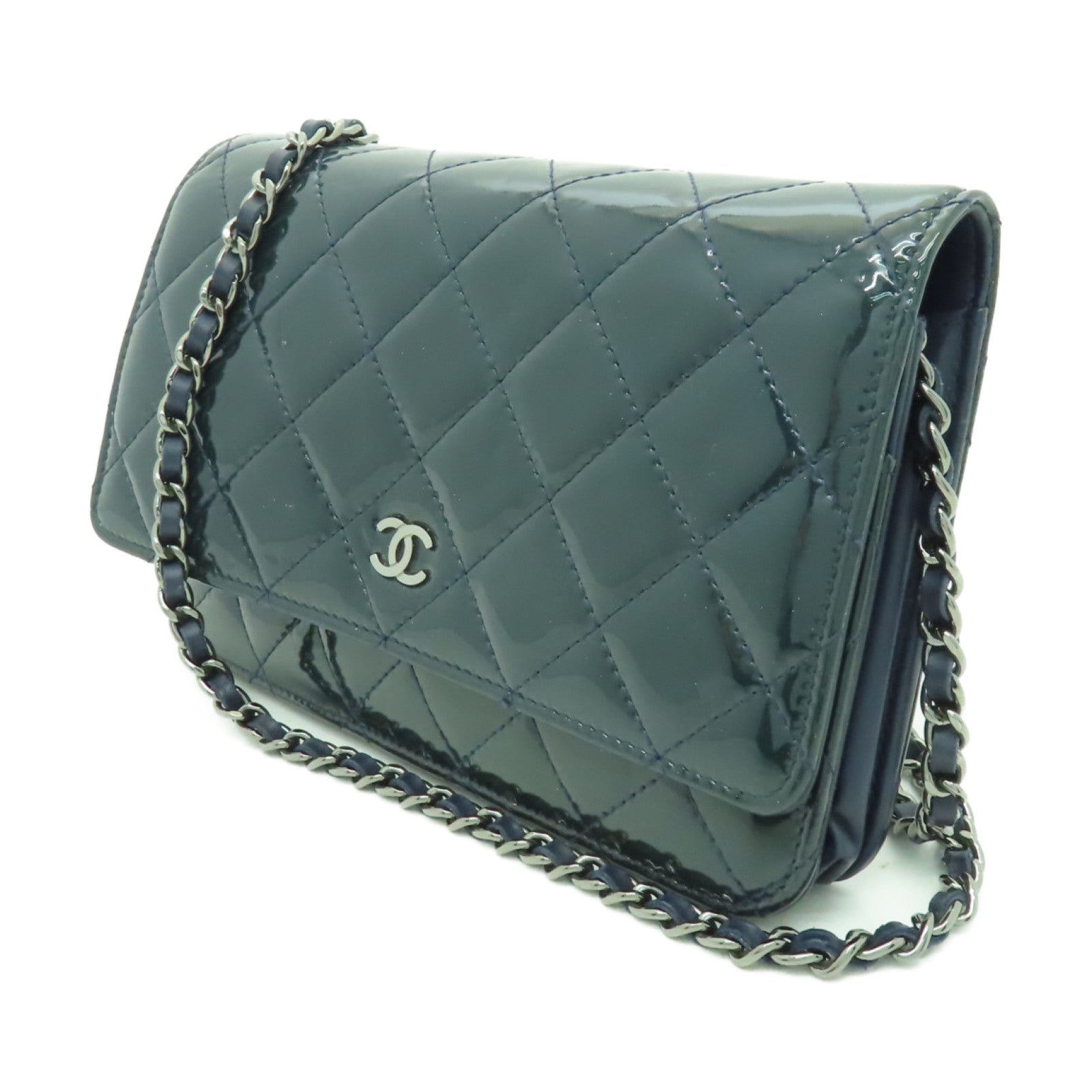 CHANEL 【激減優惠】菱格漆皮皮革WOC銀扣鏈帶肩背袋深綠色