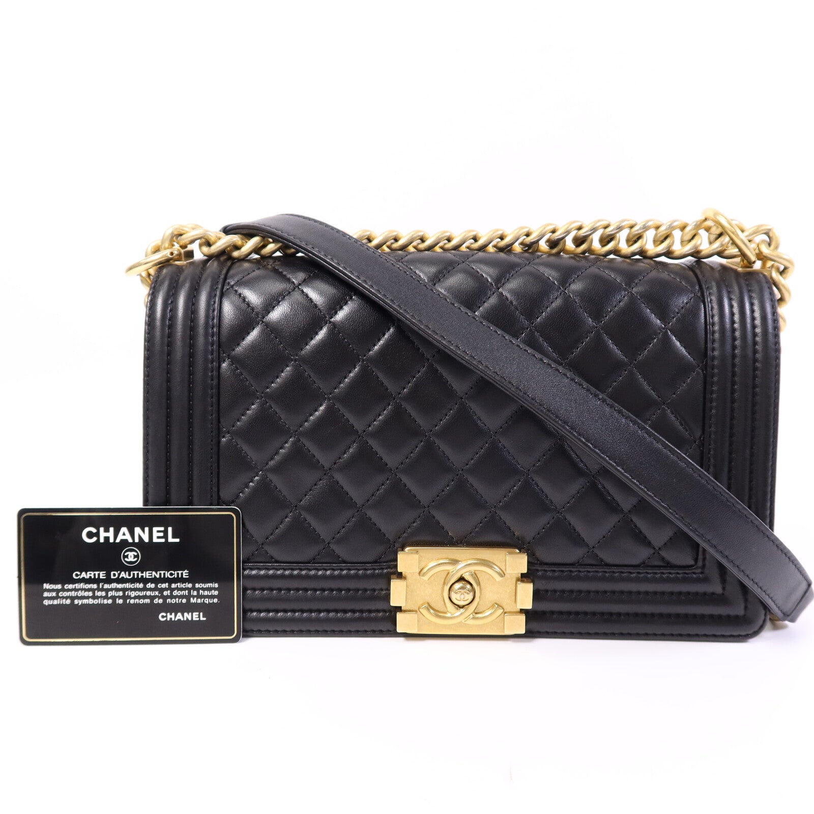 CHANEL 羊皮皮革Boy 25金扣鏈帶肩背袋