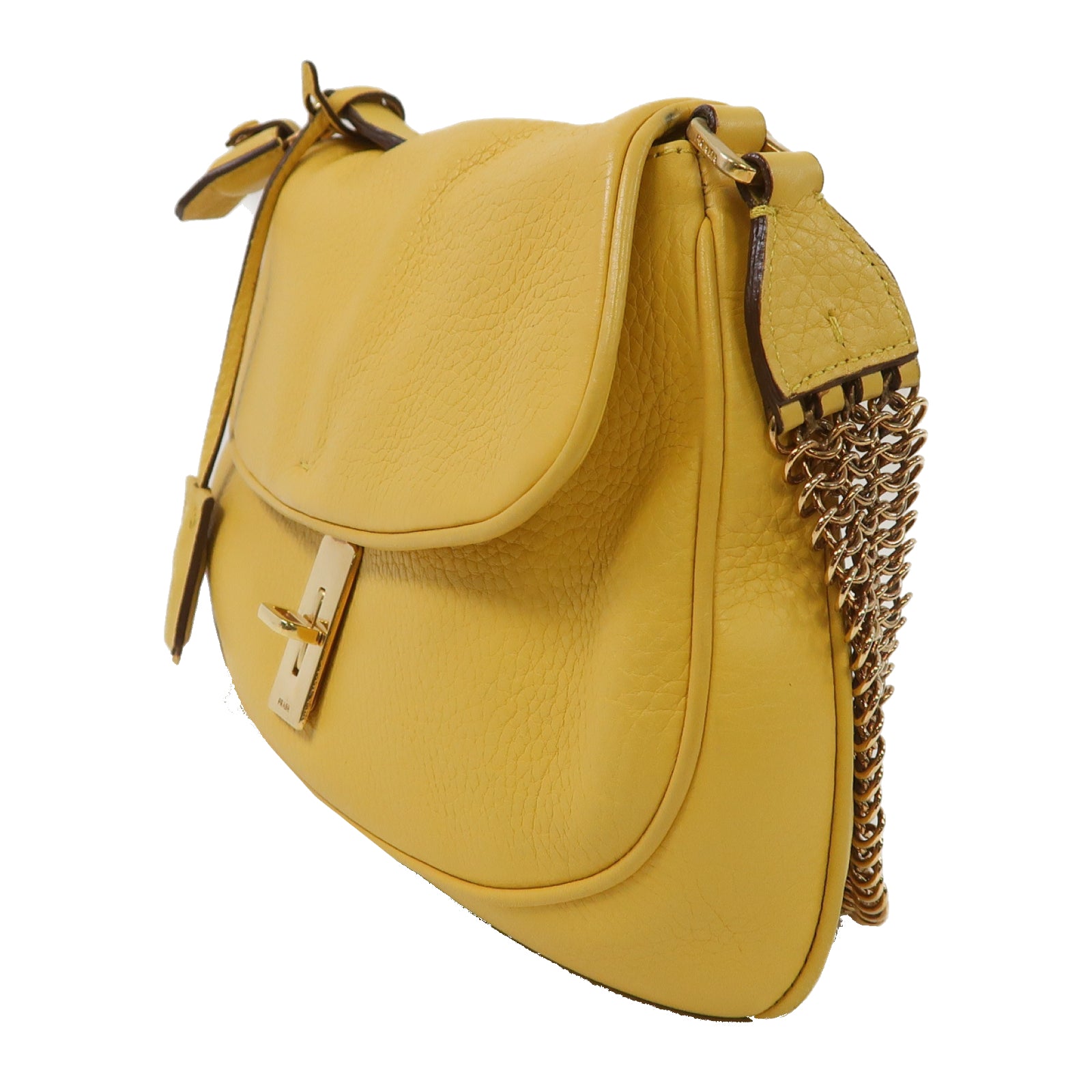PRADA 牛皮皮革Shoulder Bag金扣鏈帶肩背袋黃色