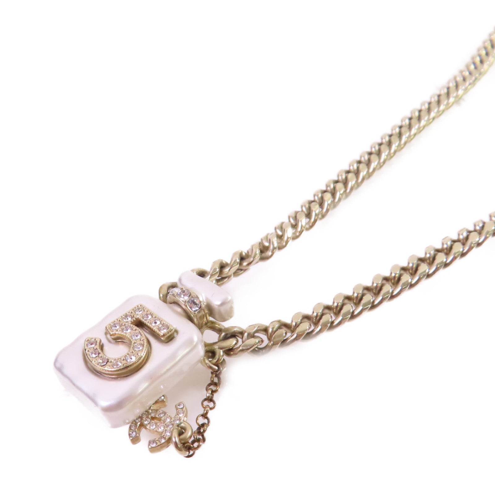 CHANEL 金屬/仿珍珠/水鑽Coco Chanel No.5 Necklace金扣項鏈白色/金色
