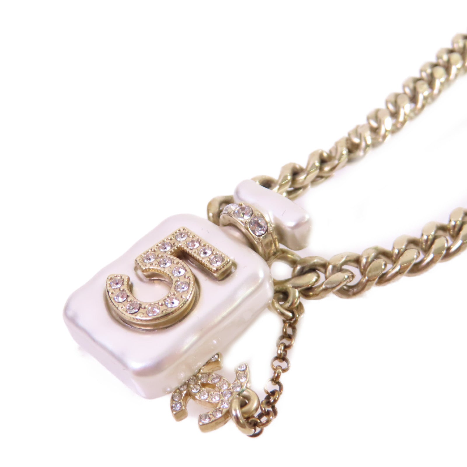 CHANEL 金屬/仿珍珠/水鑽Coco Chanel No.5 Necklace金扣項鏈白色/金色