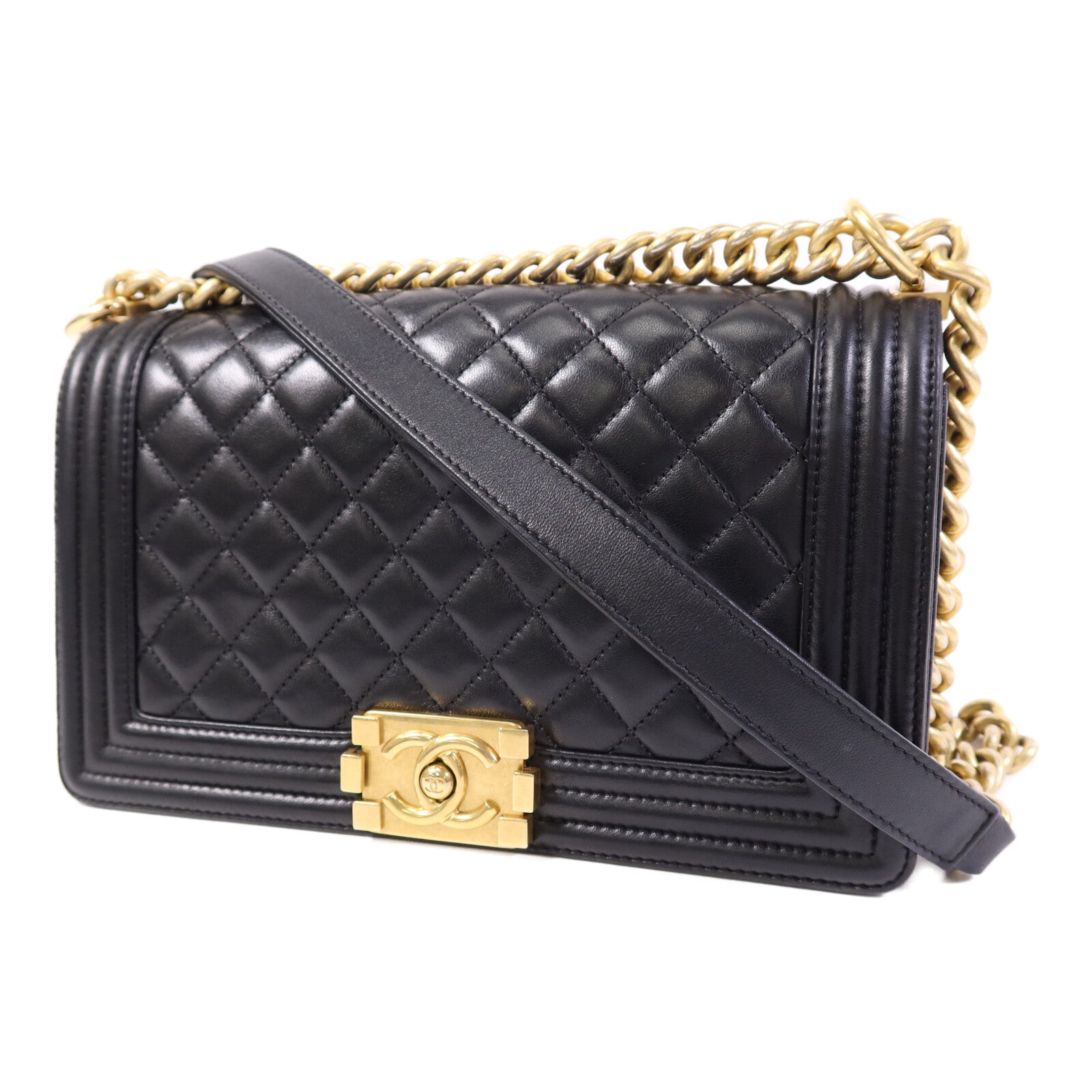 CHANEL 羊皮皮革Boy 25金扣鏈帶肩背袋