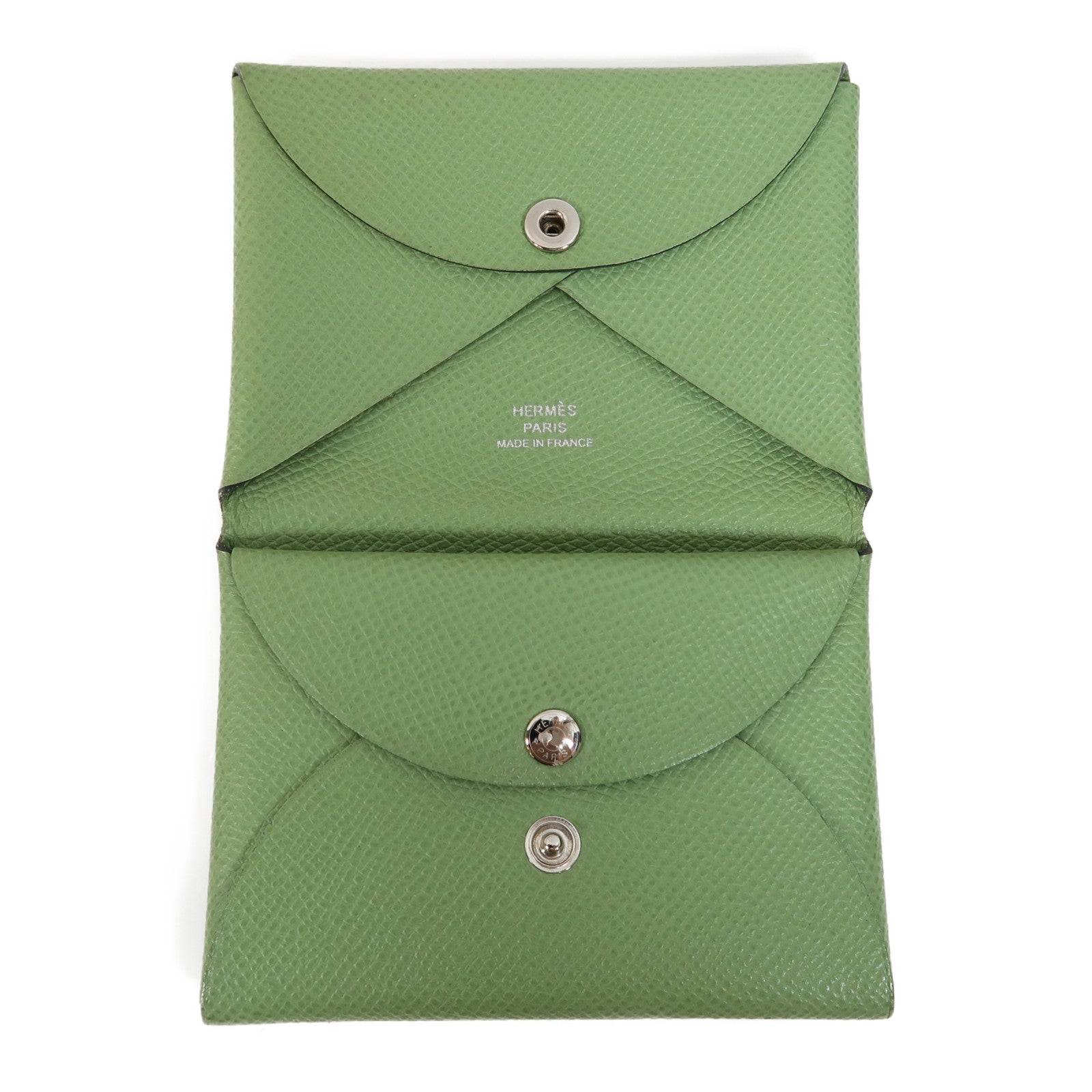 HERMES Epsom皮革Calvi Duo銀扣卡片套Vert Criquet綠色