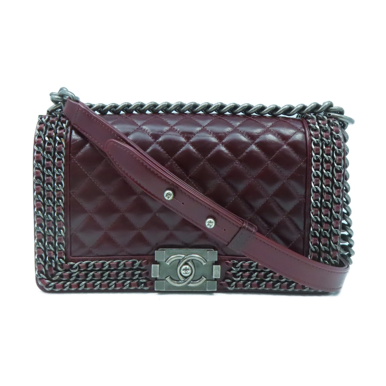 CHANEL Lingge cowhide leather Boy 25 silver buckle chain shoulder bag red