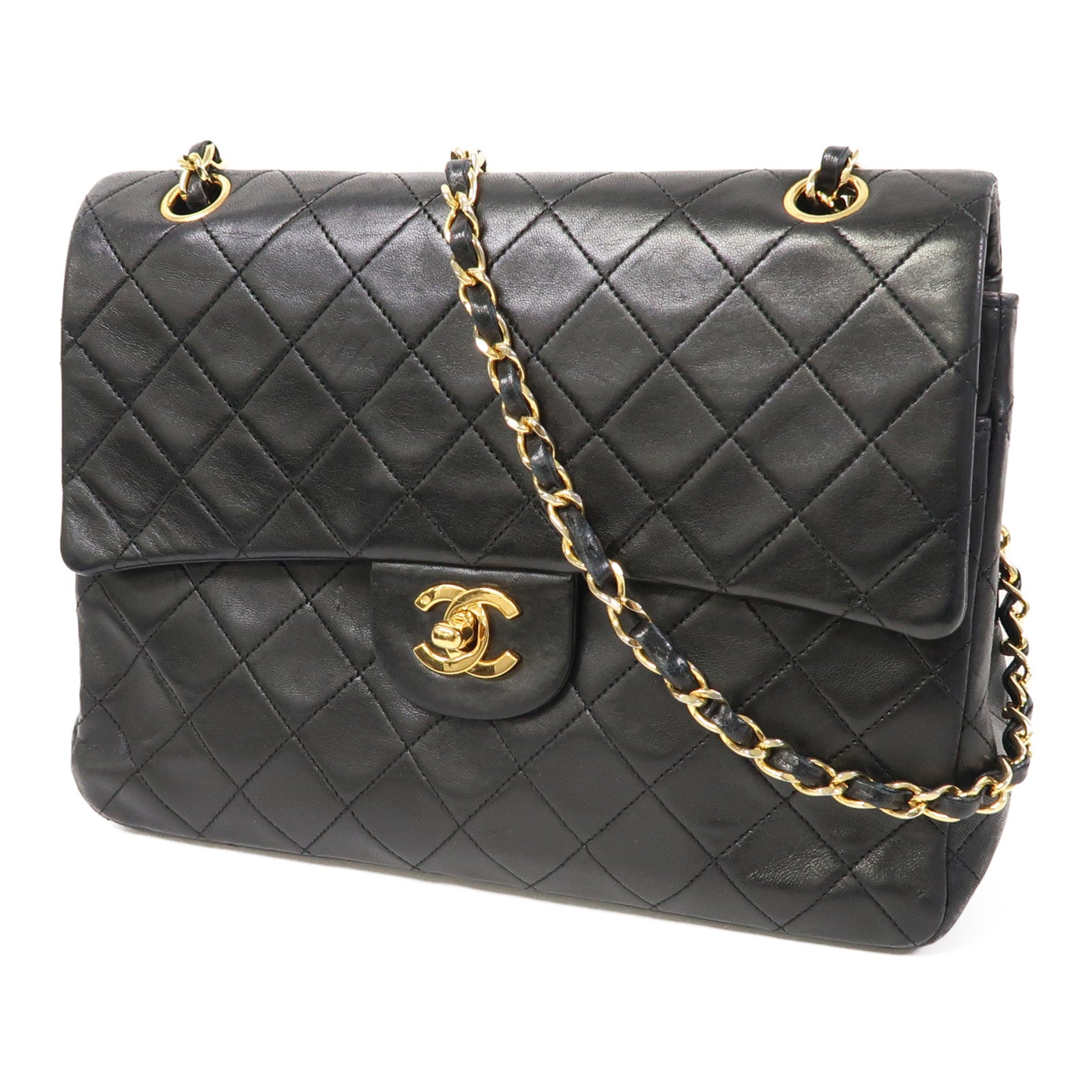 CHANEL 【激減優惠】菱格羊皮皮革Chain Shoulder金扣肩背袋黑色