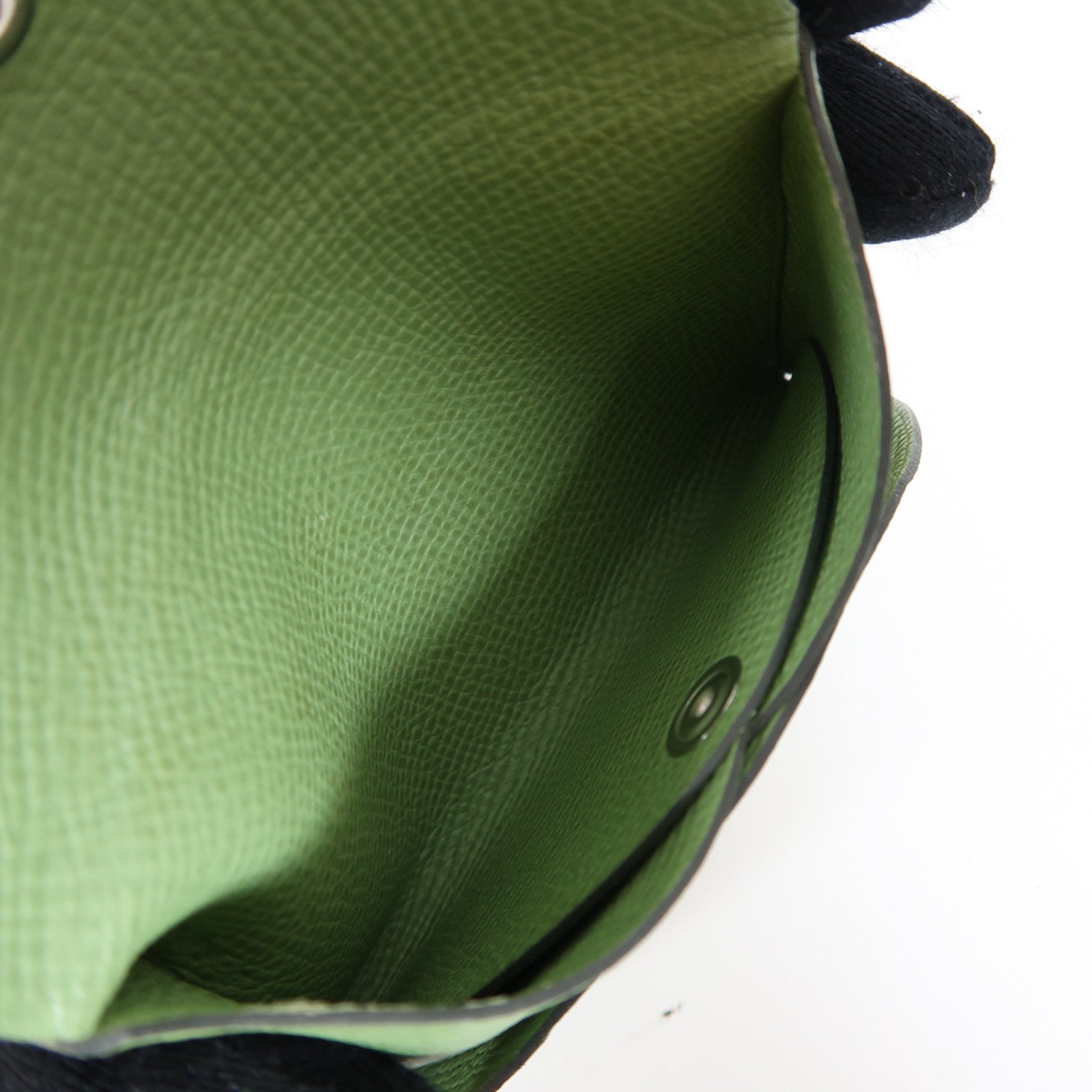 HERMES Epsom皮革Calvi Duo銀扣卡片套Vert Criquet綠色
