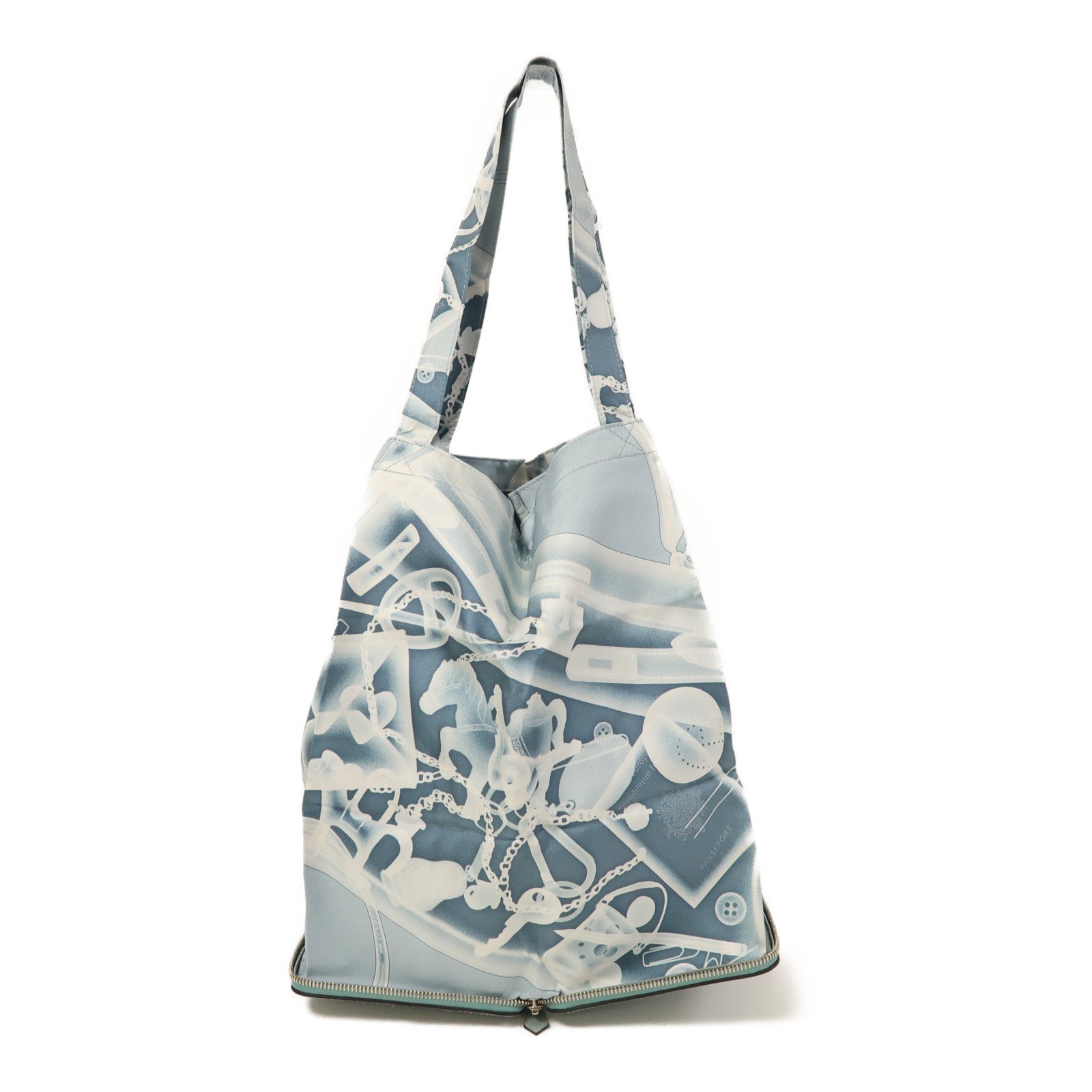 HERMES 絲質/Cherve皮革Silk Pop Eco Bag銀扣肩背袋淺藍色