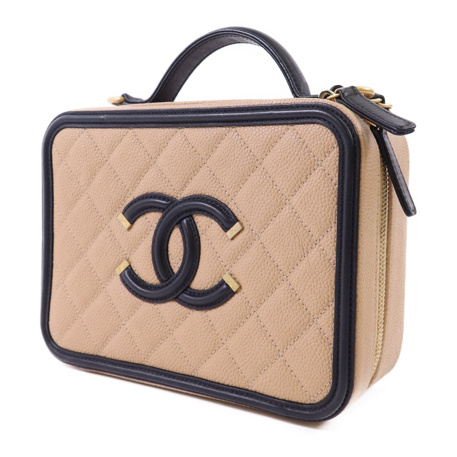 CHANEL 牛皮皮革Filigree Vanity Case Medium金扣鏈帶手挽肩背兩用袋