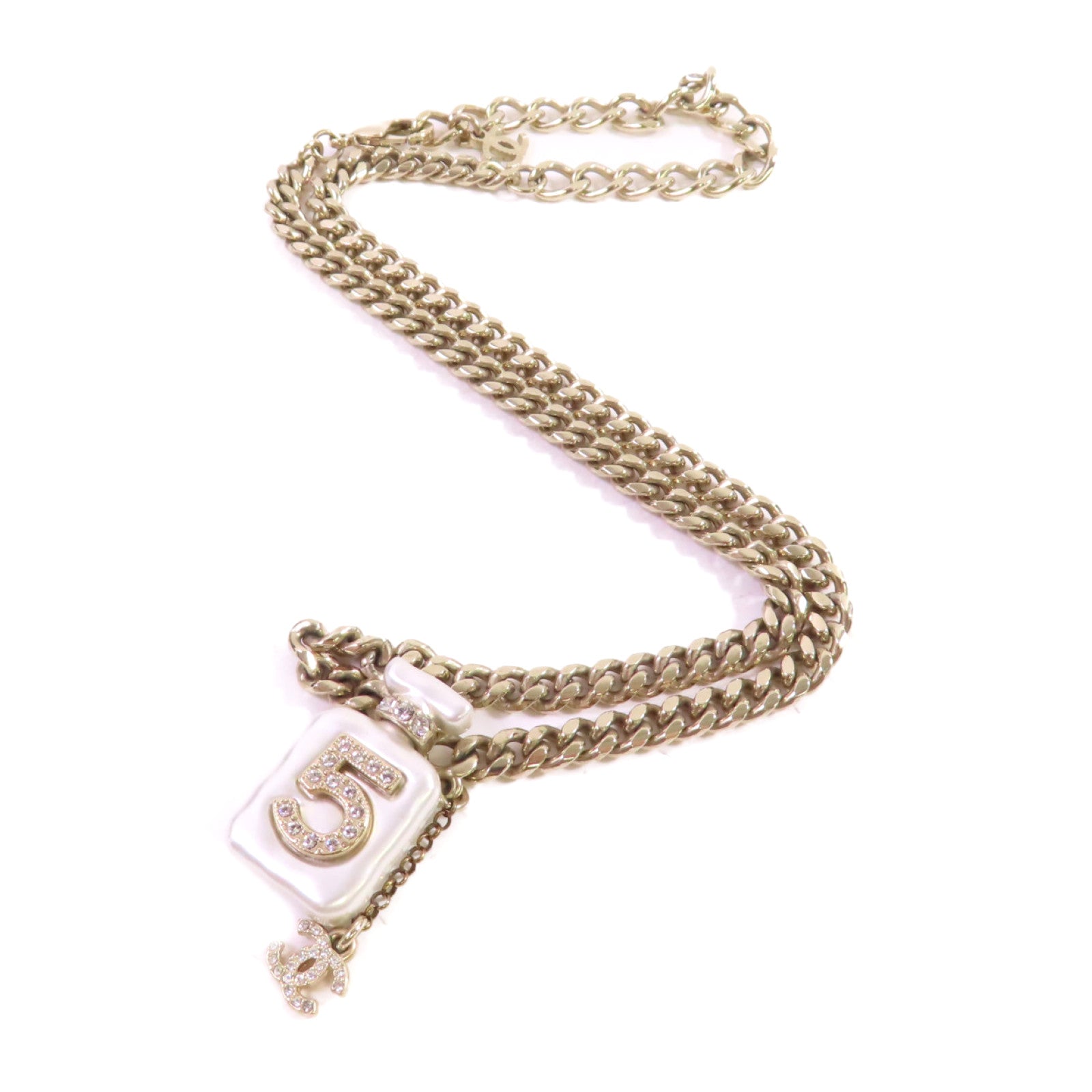 CHANEL 金屬/仿珍珠/水鑽Coco Chanel No.5 Necklace金扣項鏈白色/金色