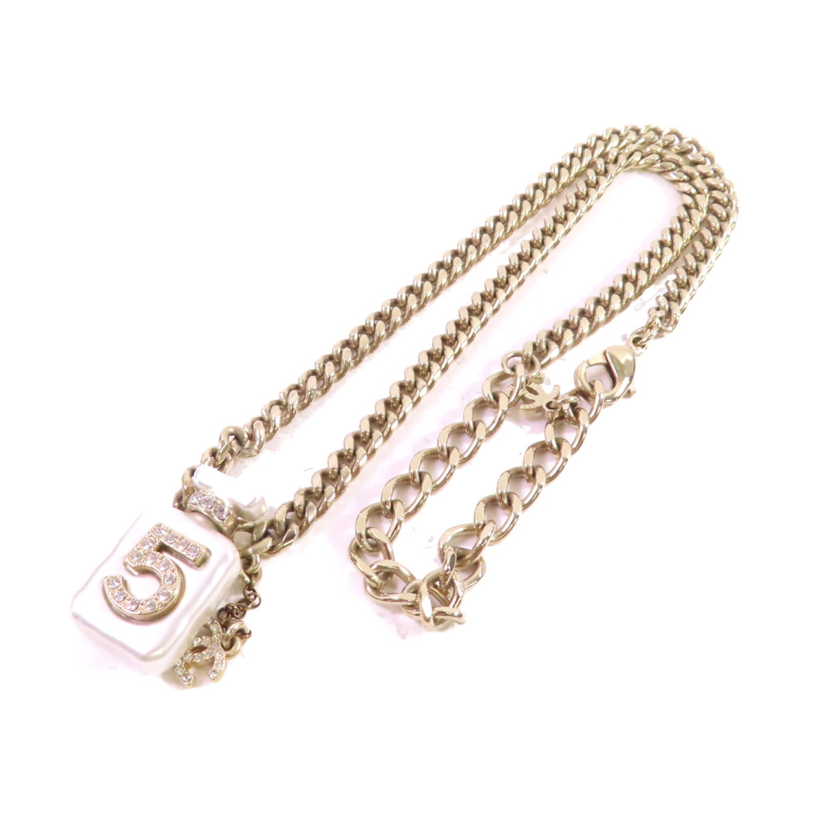 CHANEL 金屬/仿珍珠/水鑽Coco Chanel No.5 Necklace金扣項鏈白色/金色