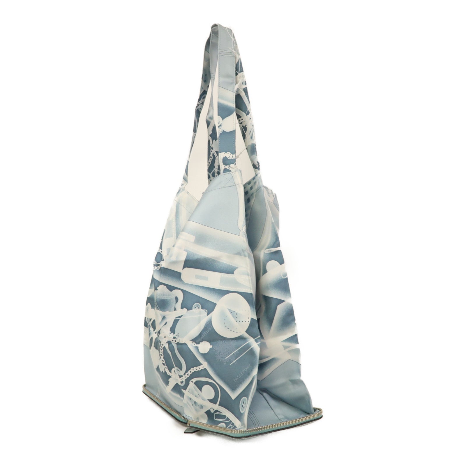 HERMES 絲質/Cherve皮革Silk Pop Eco Bag銀扣肩背袋淺藍色