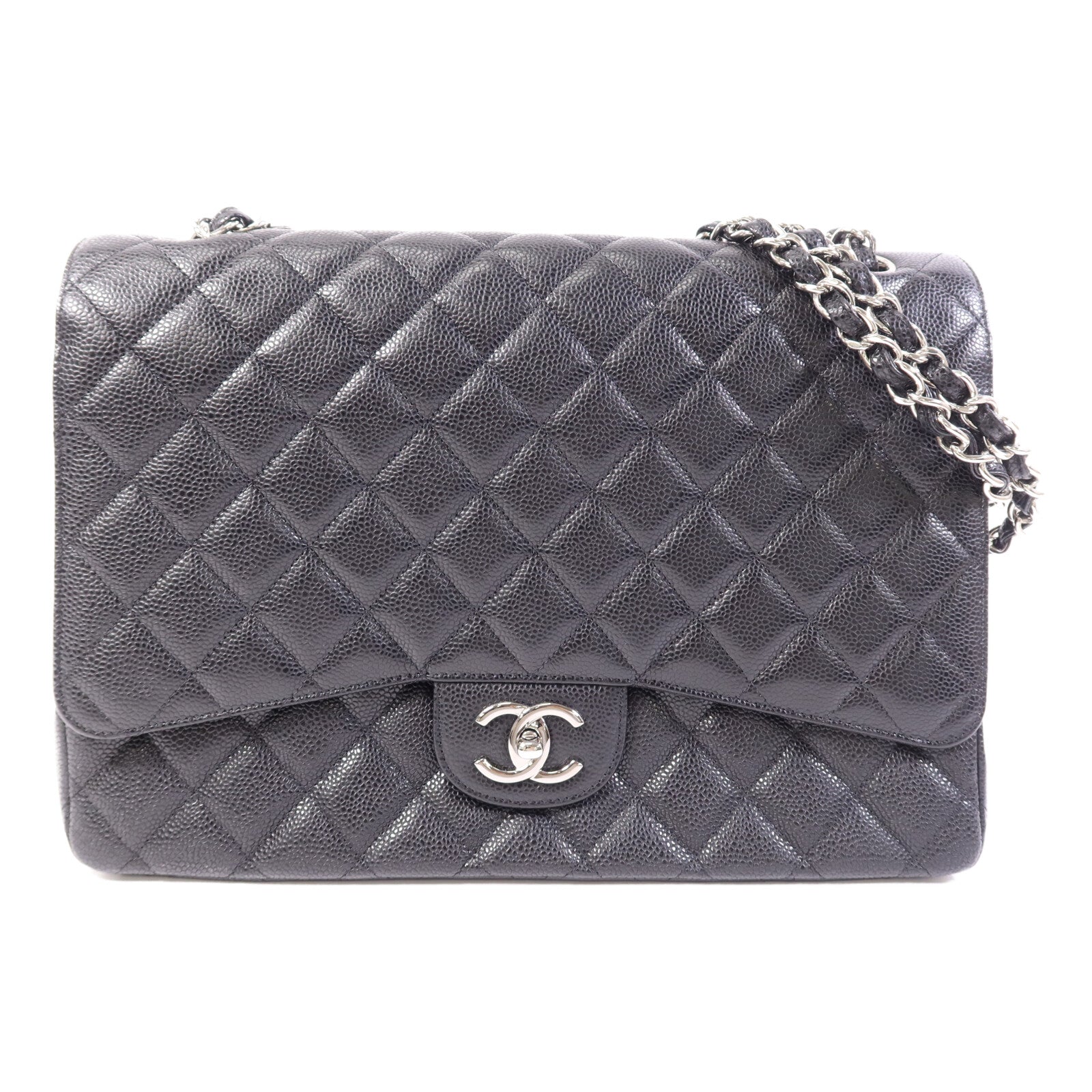 CHANEL 牛皮皮革Maxi Classic銀扣鏈帶肩背袋