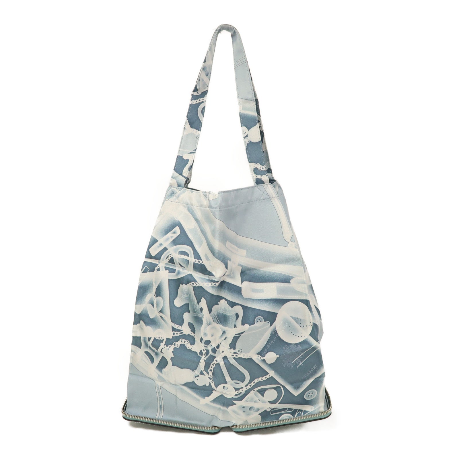 HERMES 絲質/Cherve皮革Silk Pop Eco Bag銀扣肩背袋淺藍色
