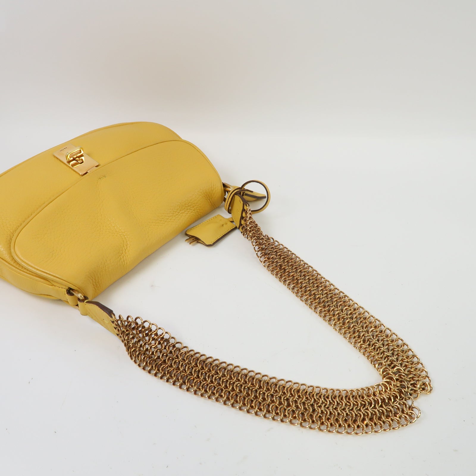 PRADA 牛皮皮革Shoulder Bag金扣鏈帶肩背袋黃色