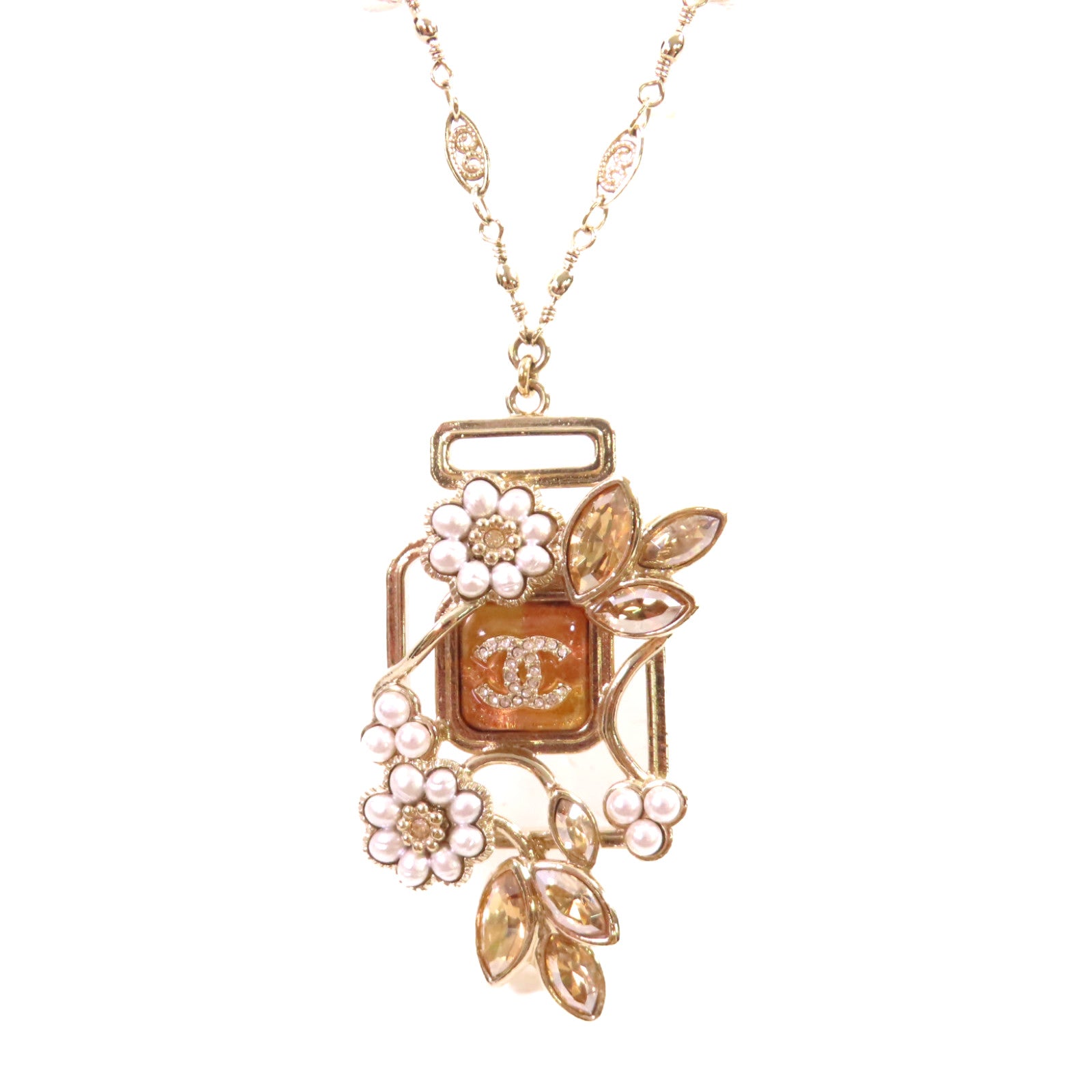 CHANEL 金屬/仿珍珠Necklace金扣項鏈白色/金色