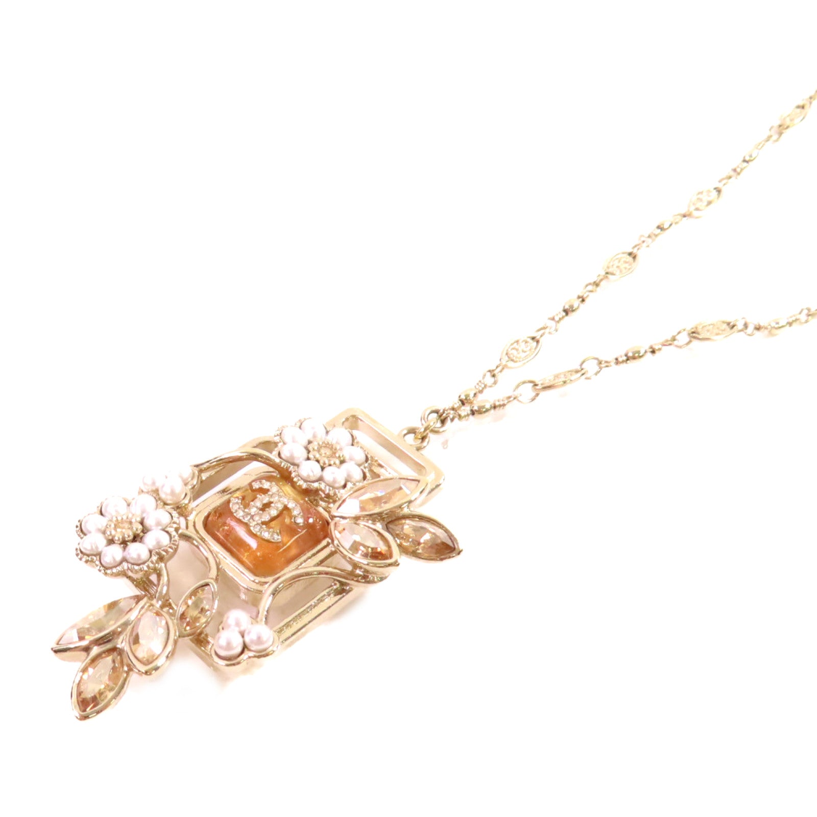 CHANEL 金屬/仿珍珠Necklace金扣項鏈白色/金色