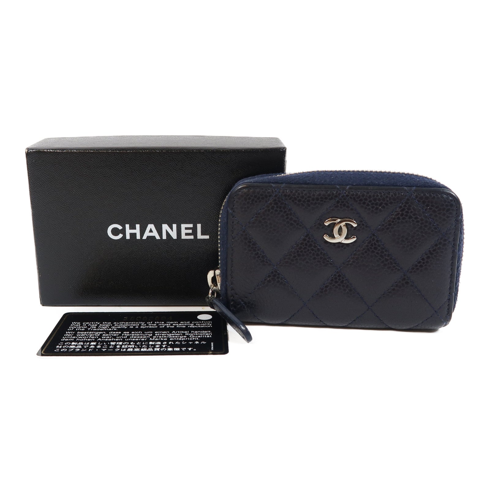 CHANEL 菱格Caviar皮革Card Case銀扣卡片套深藍色