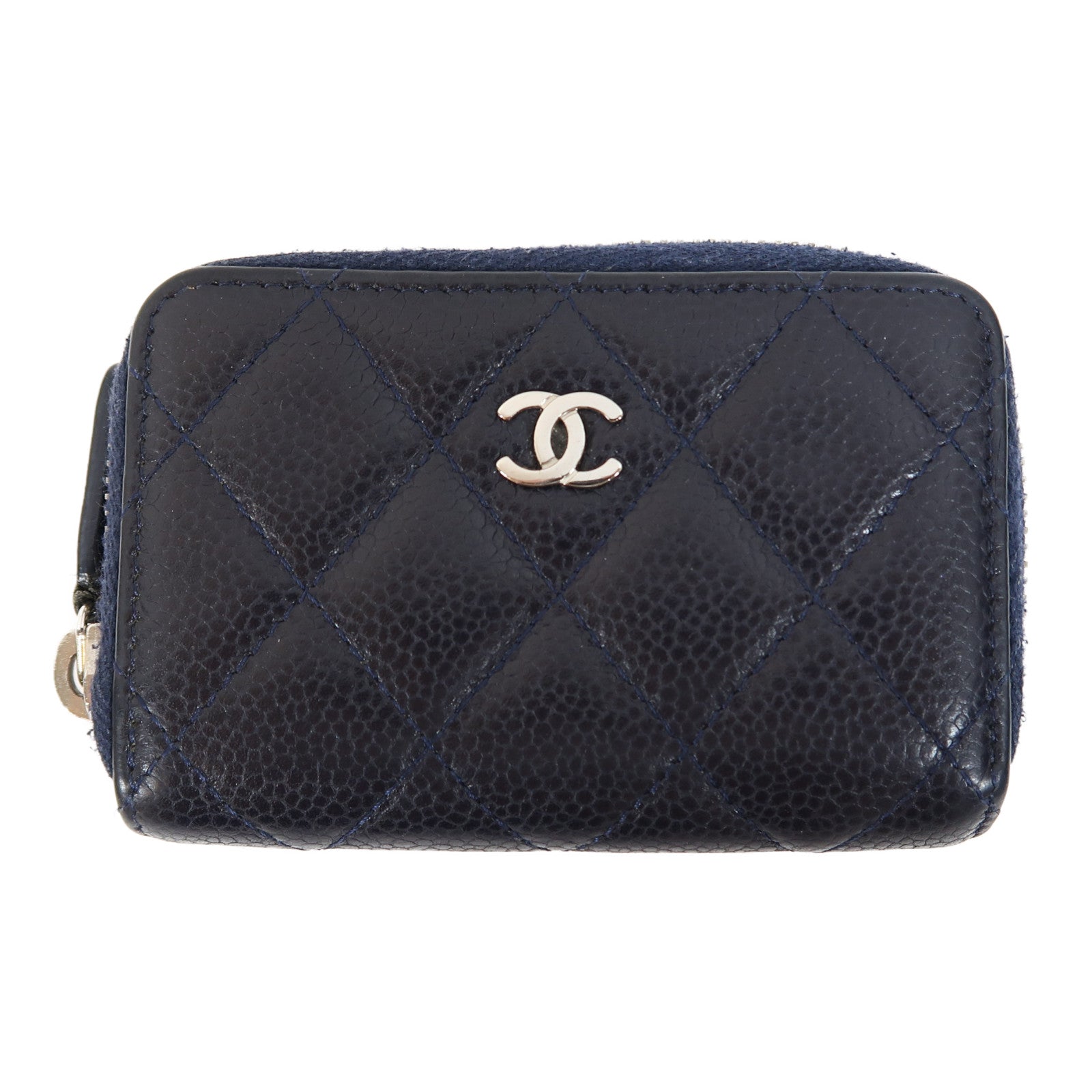 CHANEL 菱格Caviar皮革Card Case銀扣卡片套深藍色