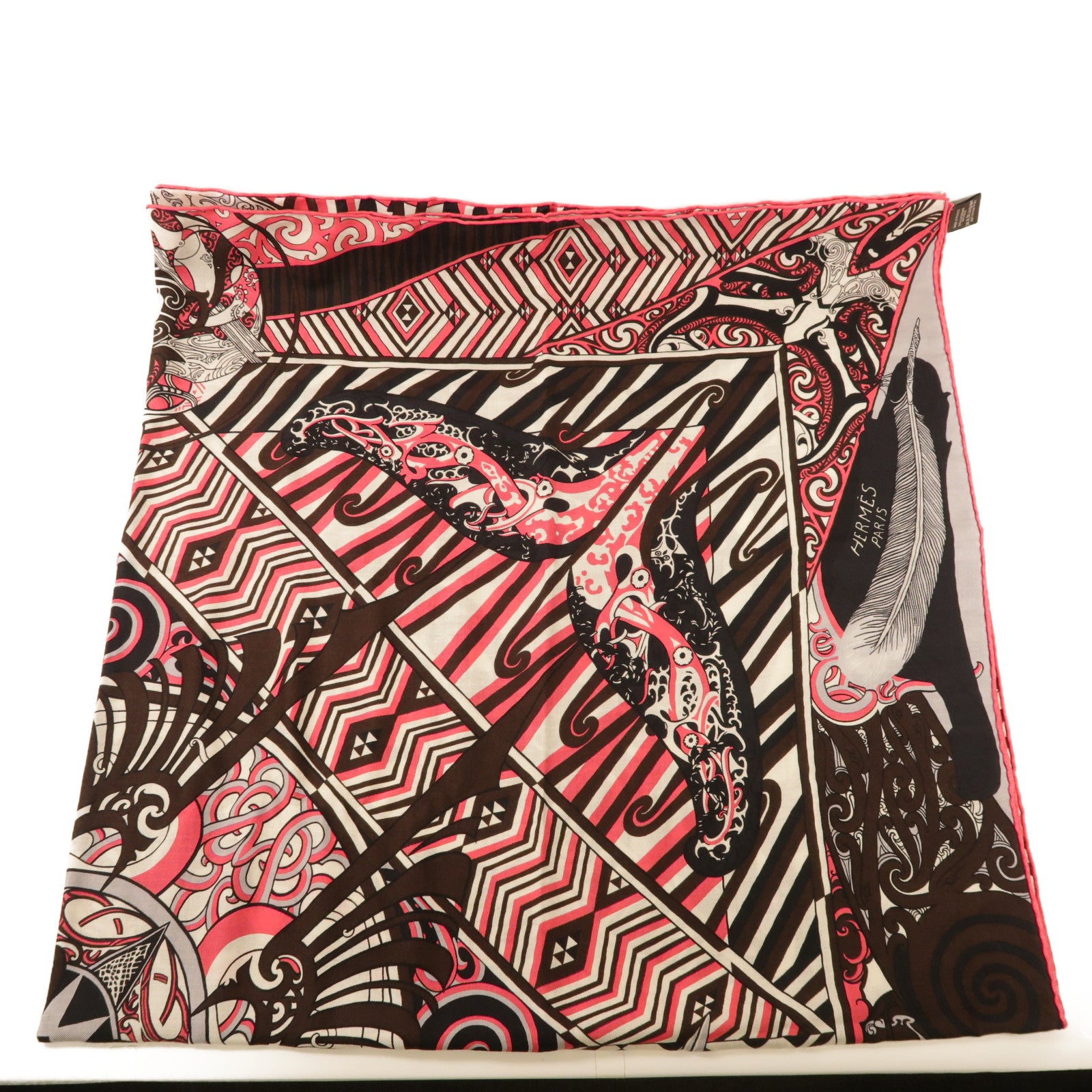 HERMES Scarf Wool/Silk Pink/Black/White