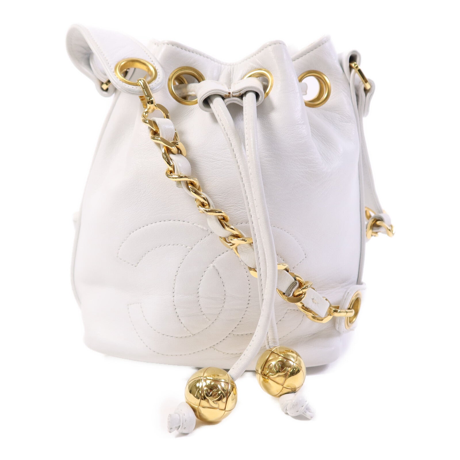 CHANEL 牛皮皮革Vintage Mini Buecket Bag金扣鏈帶肩背袋