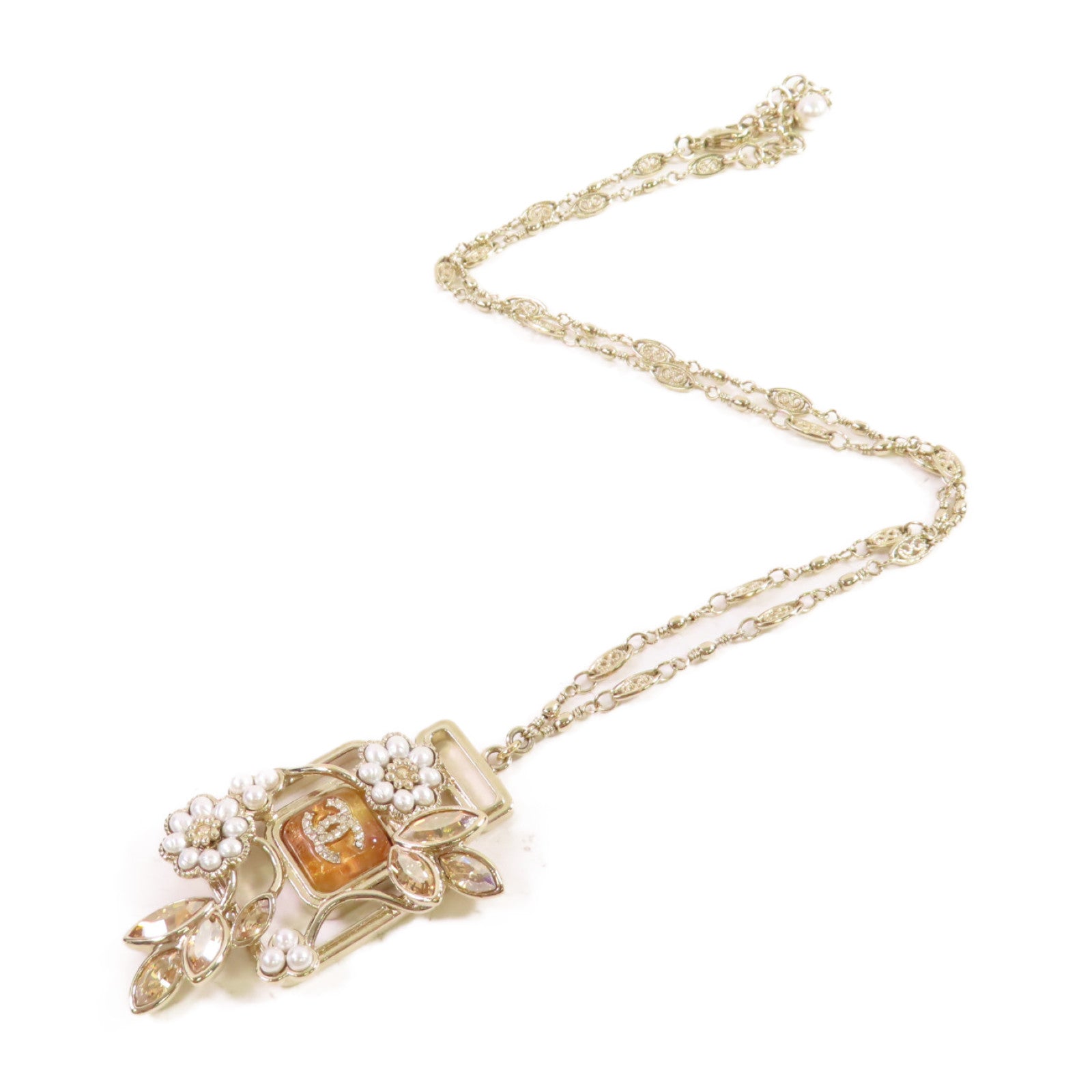 CHANEL 金屬/仿珍珠Necklace金扣項鏈白色/金色
