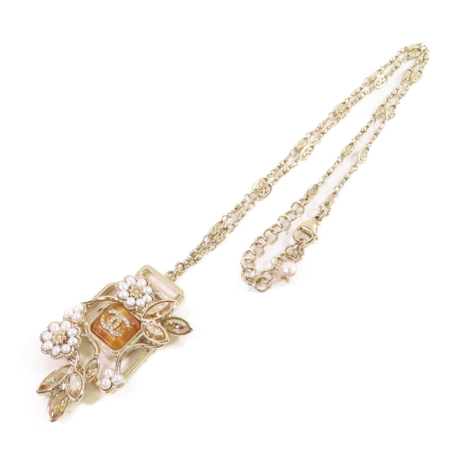 CHANEL 金屬/仿珍珠Necklace金扣項鏈白色/金色