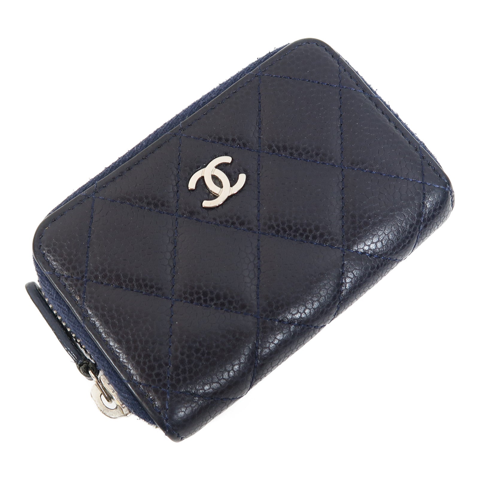 CHANEL 菱格Caviar皮革Card Case銀扣卡片套深藍色