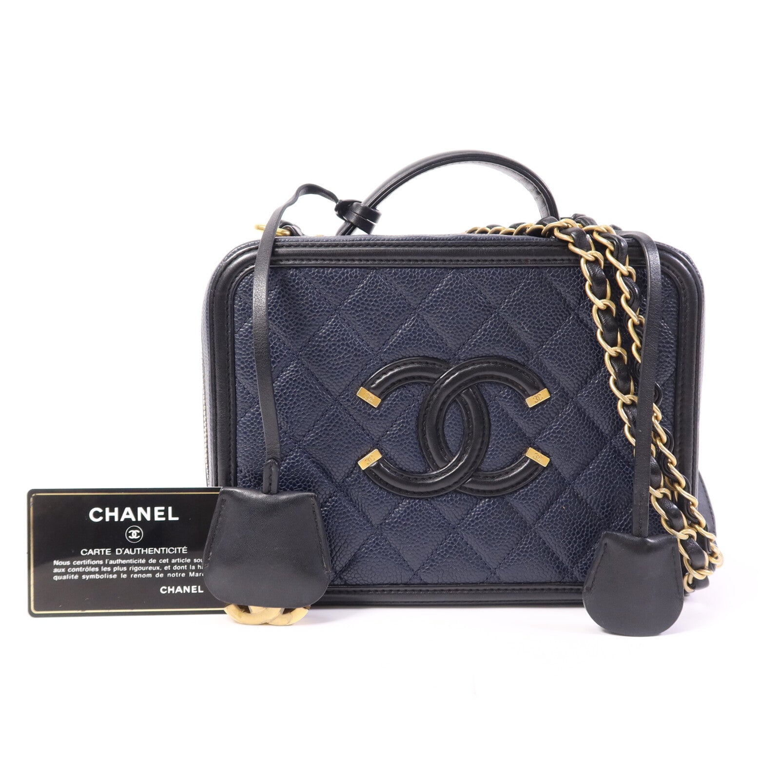 CHANEL 牛皮皮革Filigree Vanity Case金扣鏈帶手挽肩背兩用袋