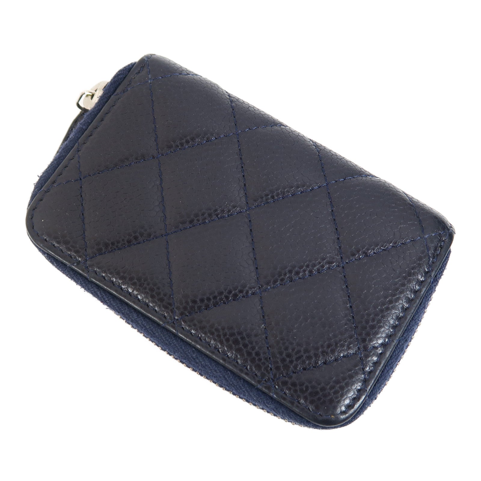 CHANEL 菱格Caviar皮革Card Case銀扣卡片套深藍色
