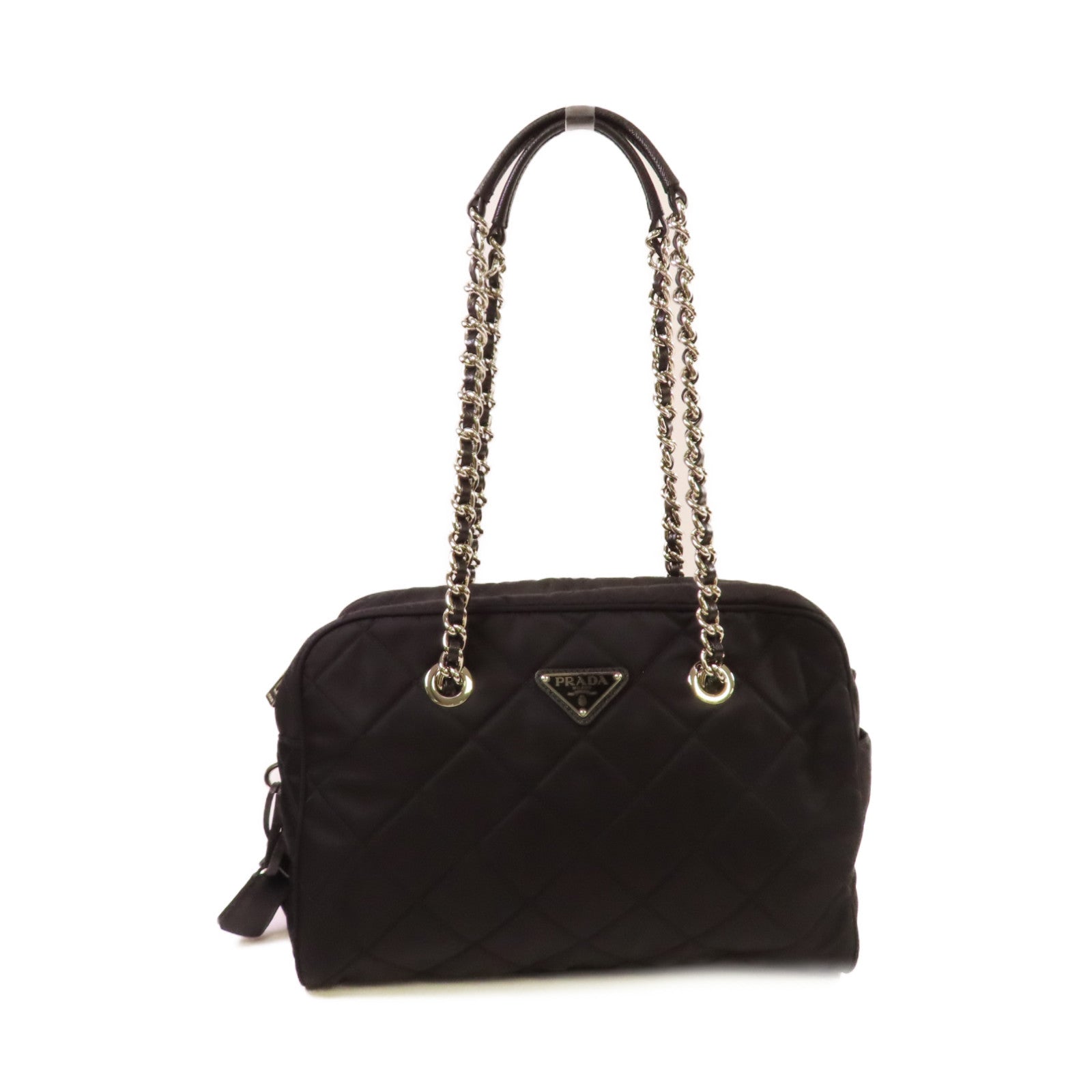 PRADA 菱格尼龍Chain Shoulder Bag銀扣鏈帶肩背袋黑色