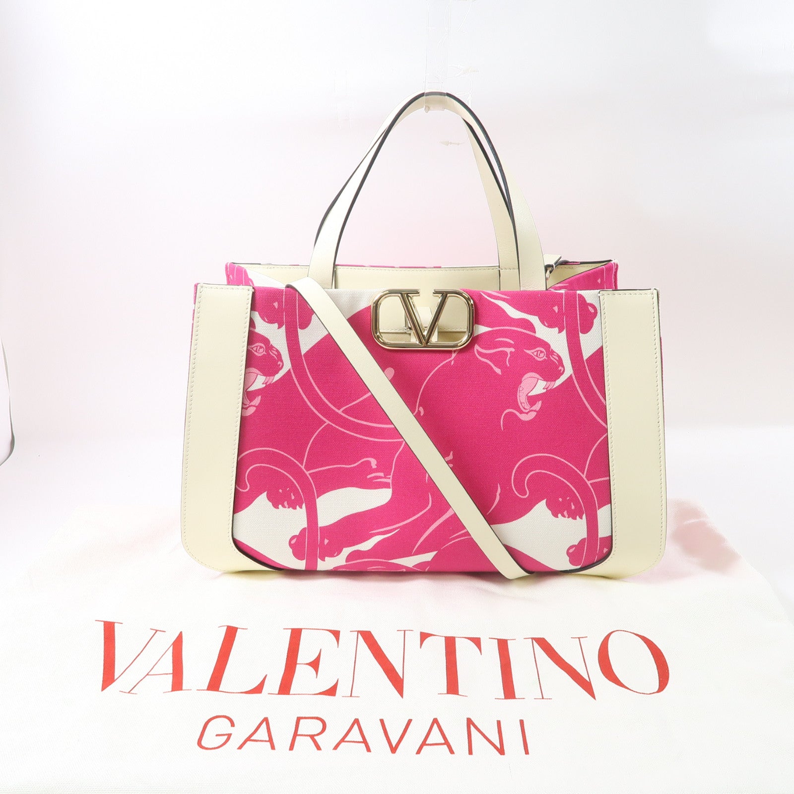 Valentino 牛皮皮革/帆布2 Way Shoulder金扣手挽肩背兩用袋粉紅色/白色