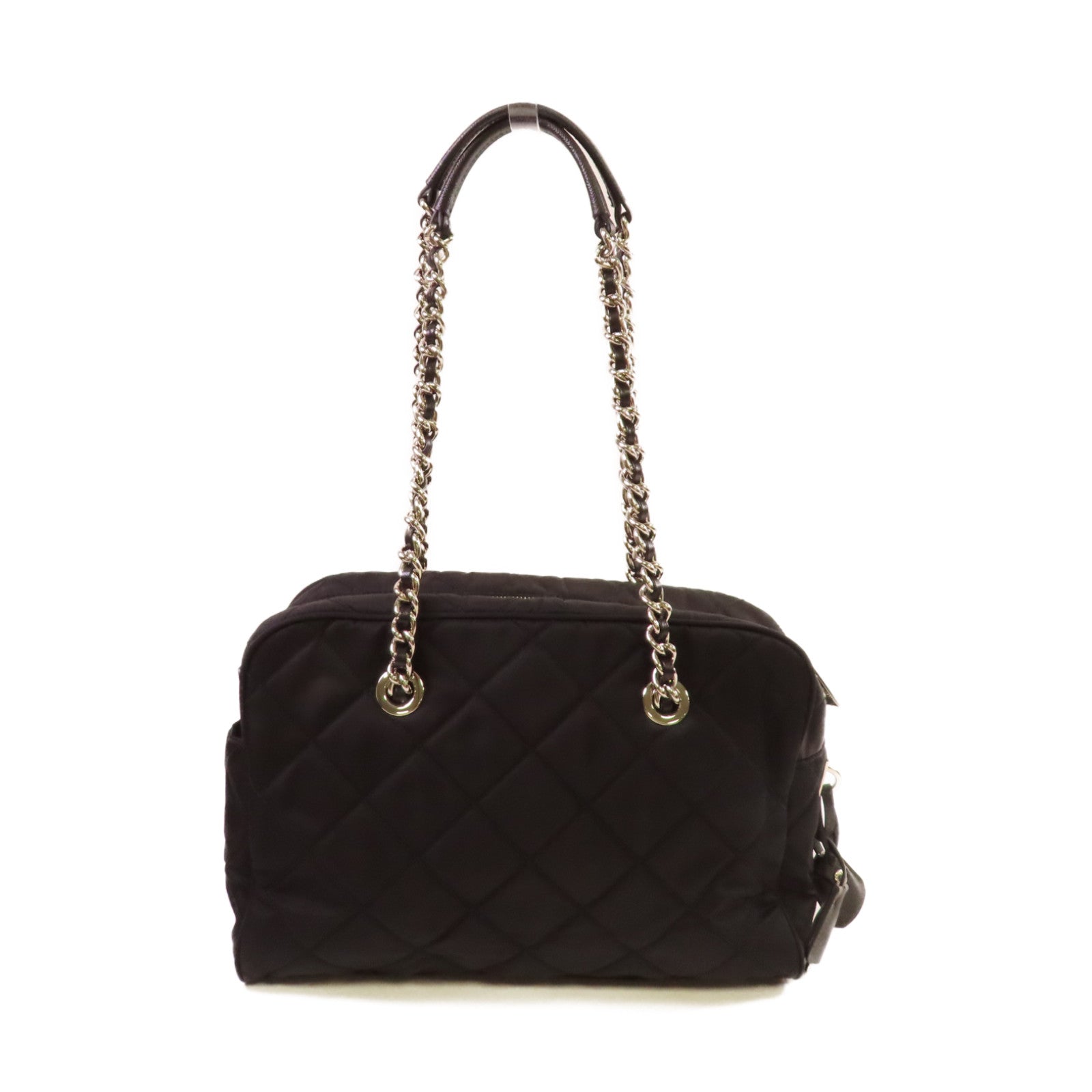 PRADA 菱格尼龍Chain Shoulder Bag銀扣鏈帶肩背袋黑色