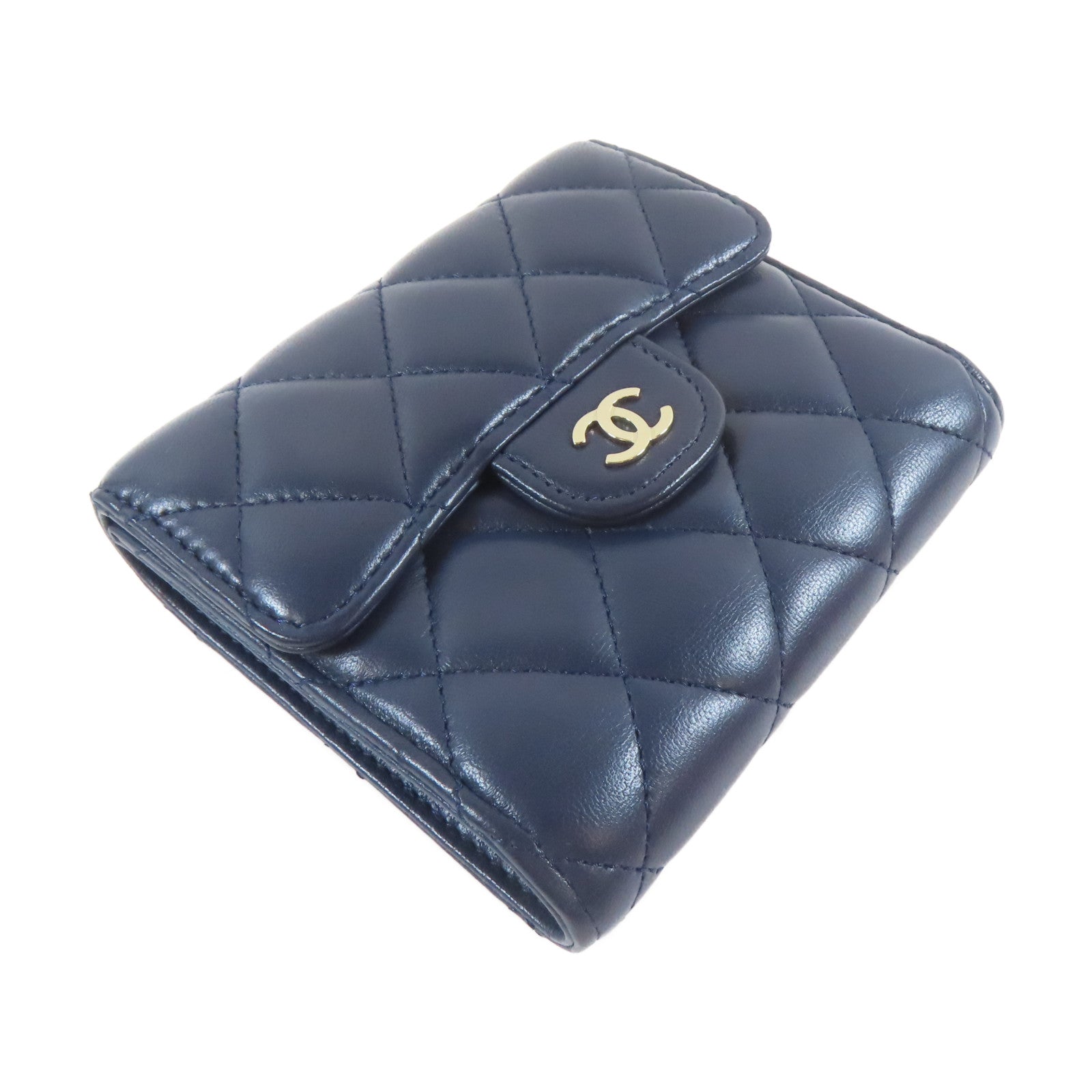 CHANEL 菱格羊皮皮革Wallet金扣啪鈕錢包藍色