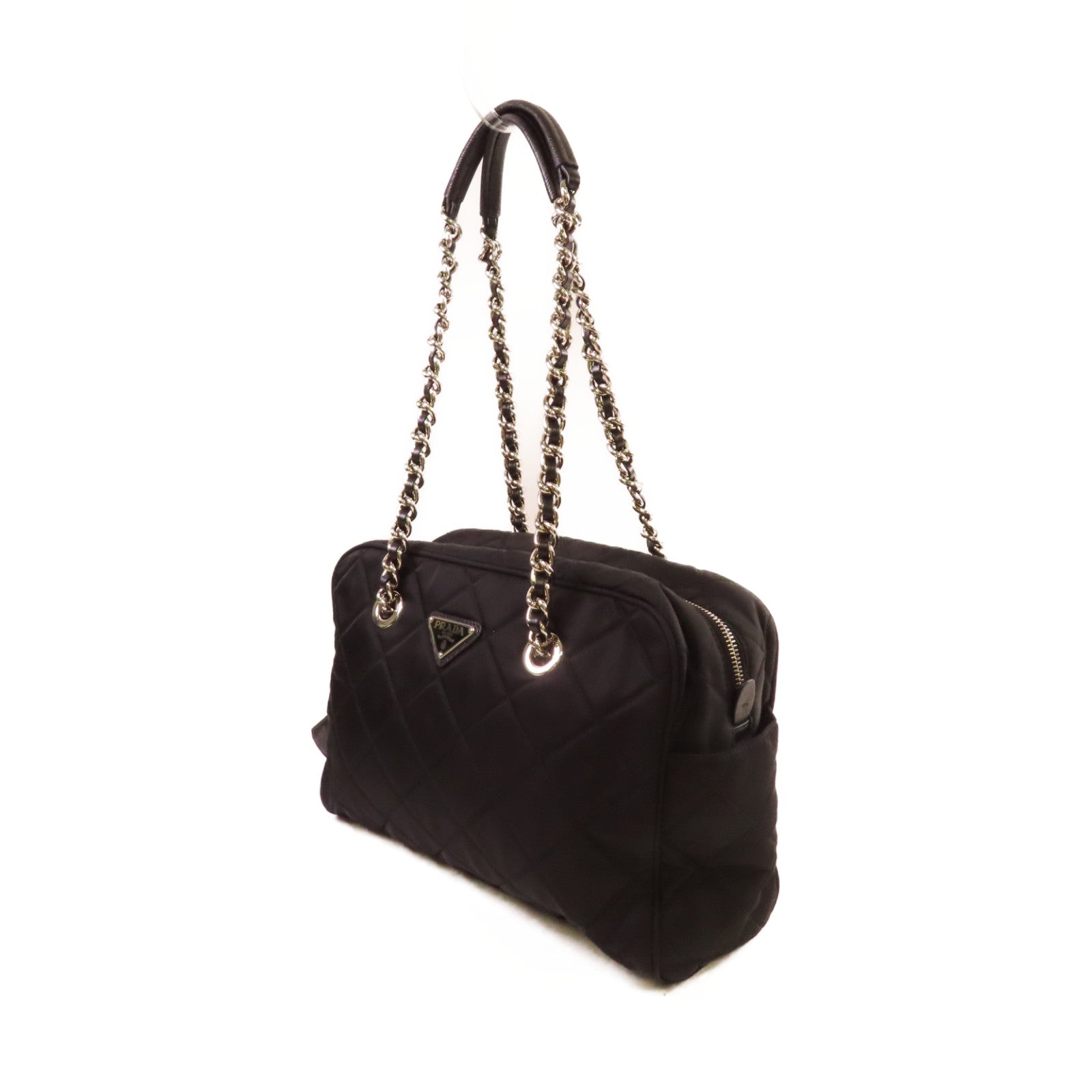 PRADA 菱格尼龍Chain Shoulder Bag銀扣鏈帶肩背袋黑色