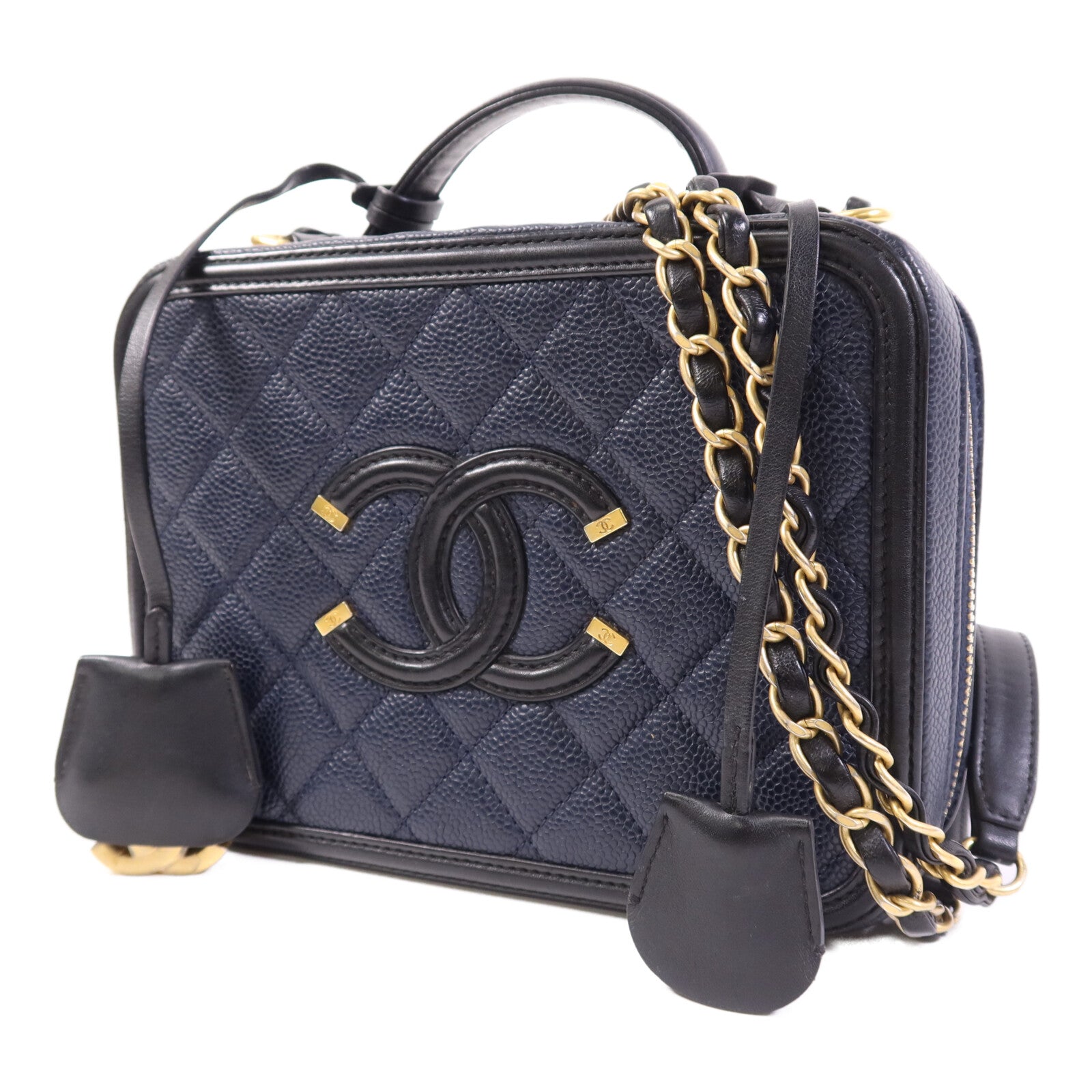 CHANEL 牛皮皮革Filigree Vanity Case金扣鏈帶手挽肩背兩用袋