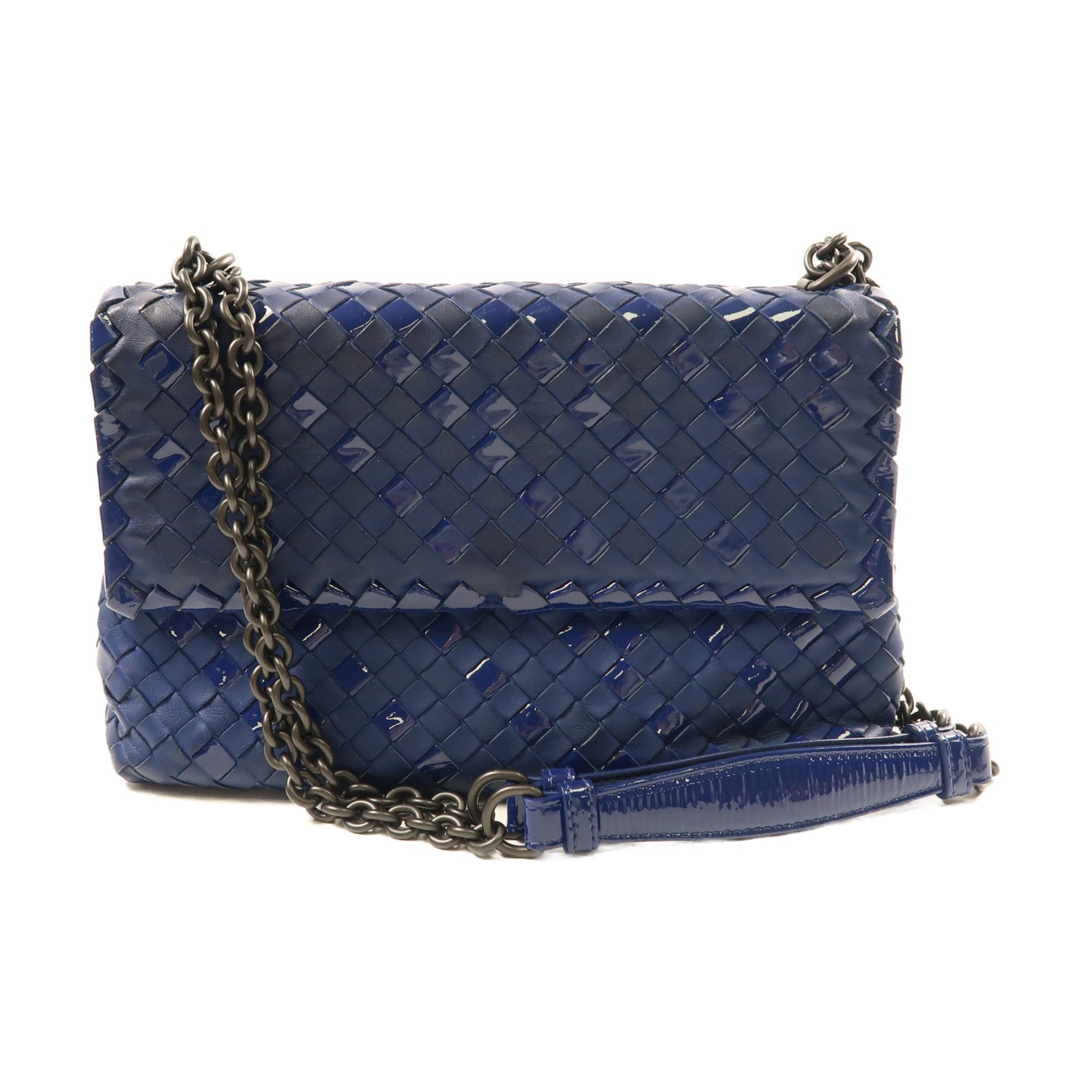 BOTTEGA VENETA 羊皮皮革Shoulder Bag黑扣鏈帶肩背袋深藍色