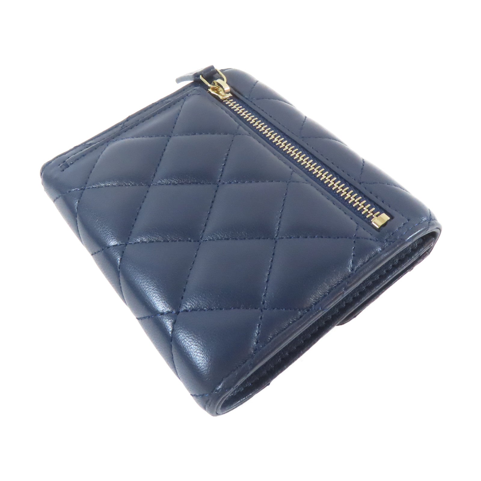 CHANEL 菱格羊皮皮革Wallet金扣啪鈕錢包藍色