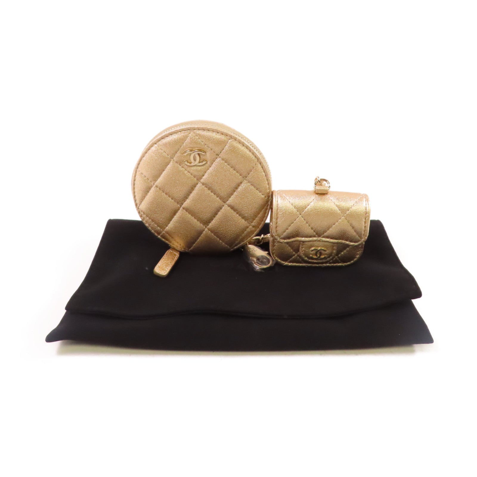CHANEL 菱格羊皮皮革Coin Pouch and Airpods Case金扣零錢包/耳機套金色