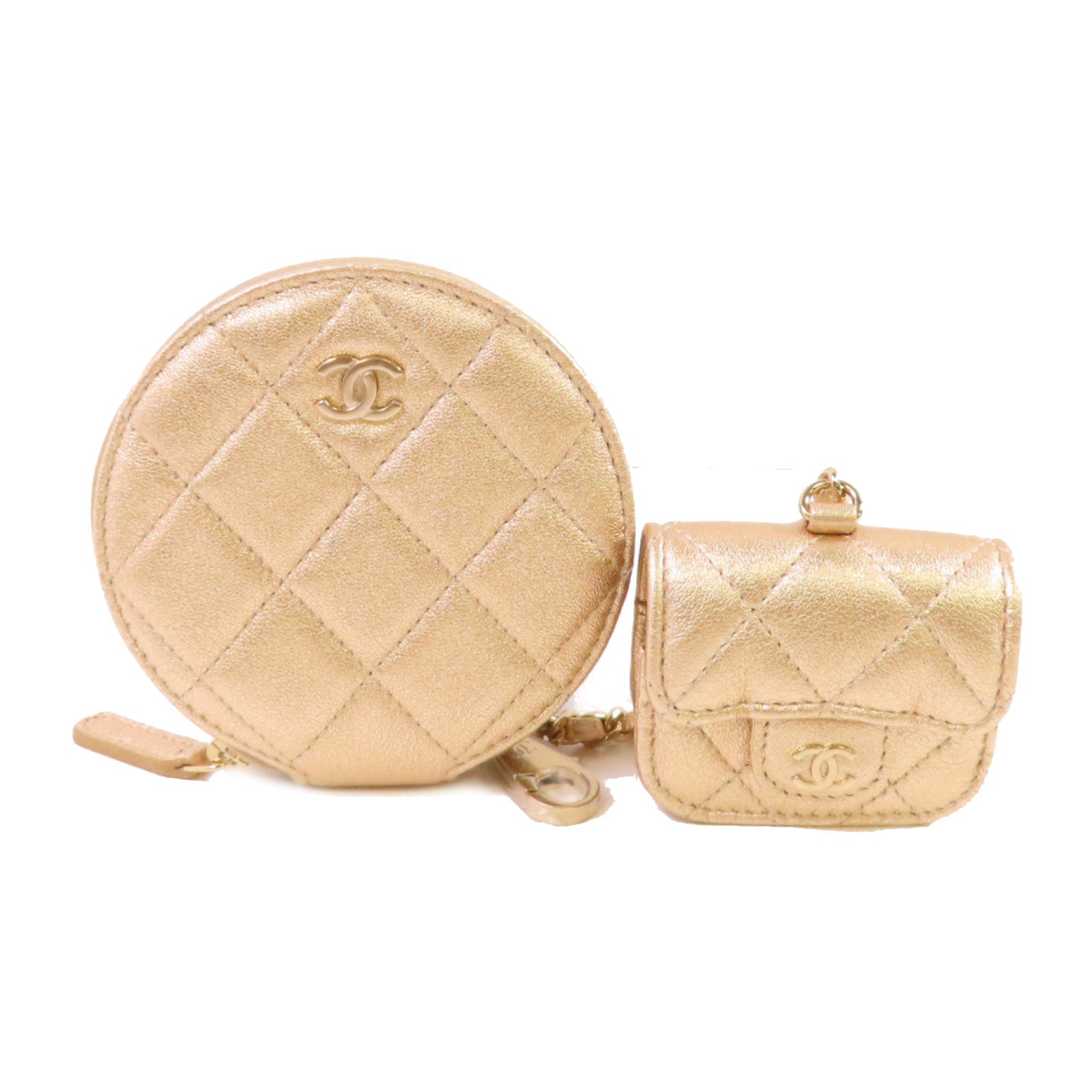 CHANEL 菱格羊皮皮革Coin Pouch and Airpods Case金扣零錢包/耳機套金色