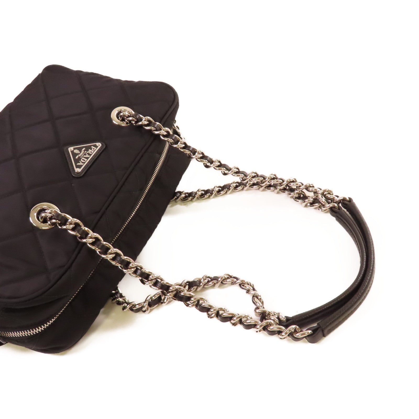 PRADA 菱格尼龍Chain Shoulder Bag銀扣鏈帶肩背袋黑色