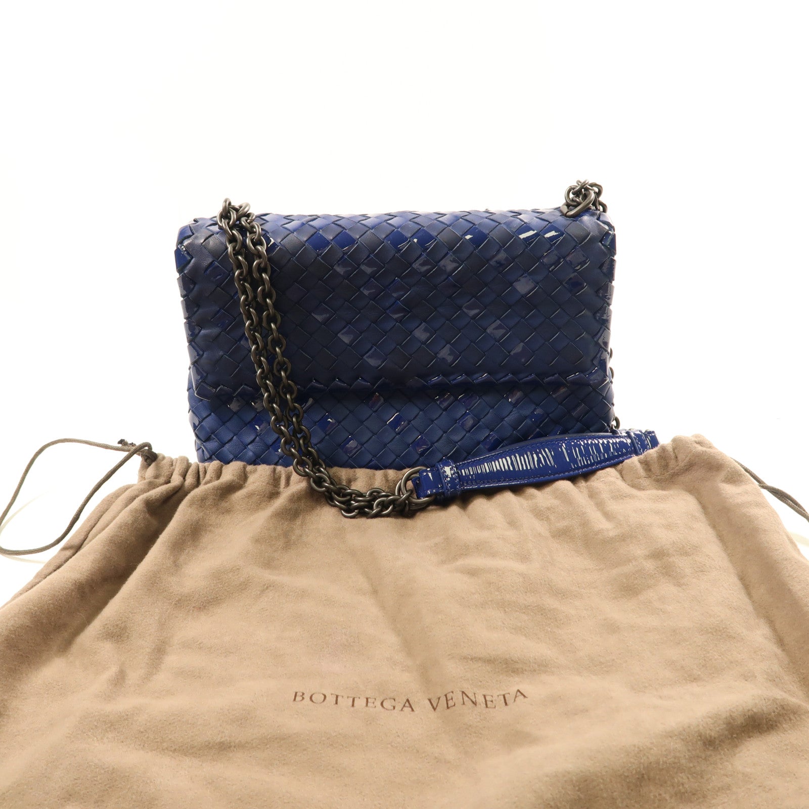 BOTTEGA VENETA 羊皮皮革Shoulder Bag黑扣鏈帶肩背袋深藍色