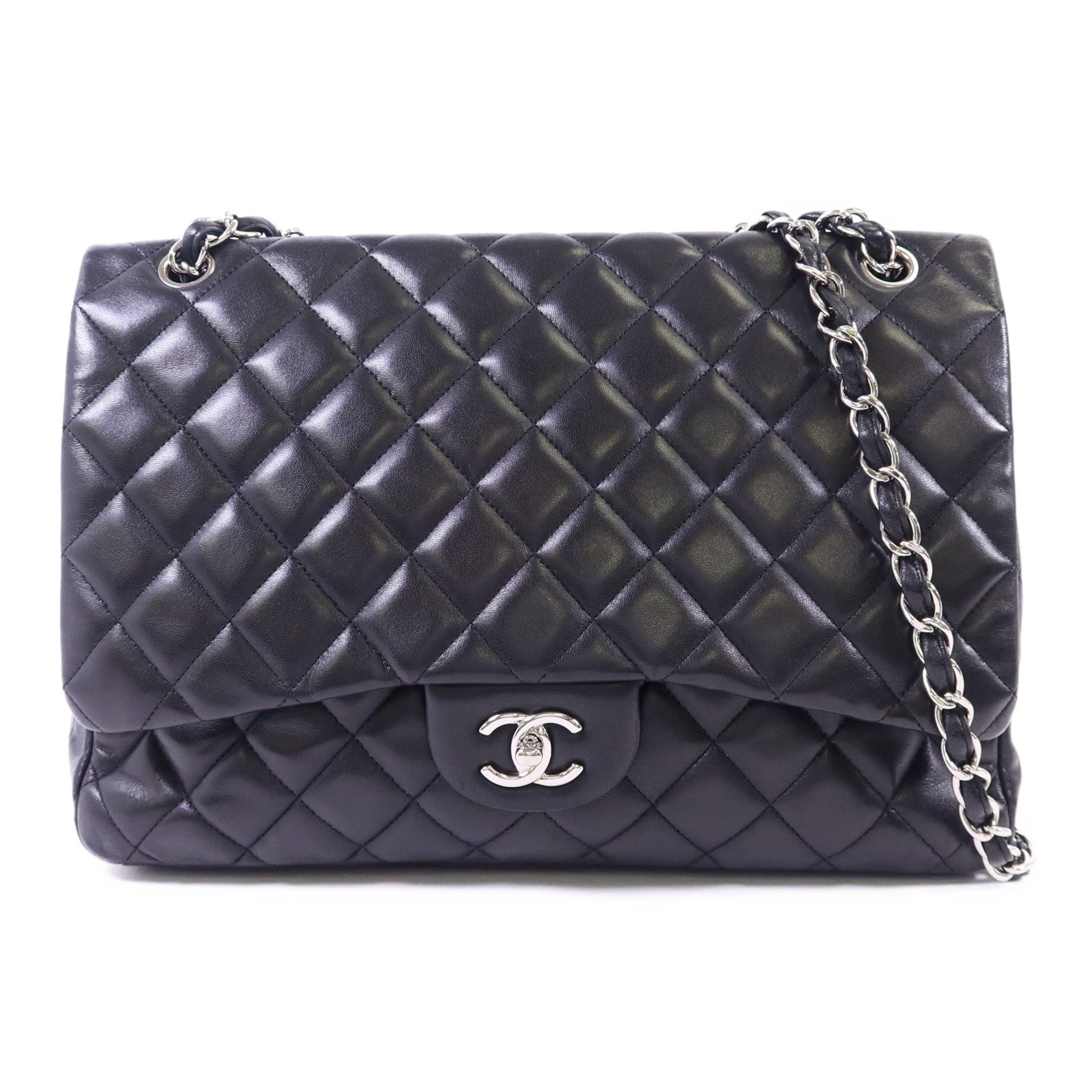 CHANEL 羊皮皮革Maxi Classic銀扣鏈帶肩背袋