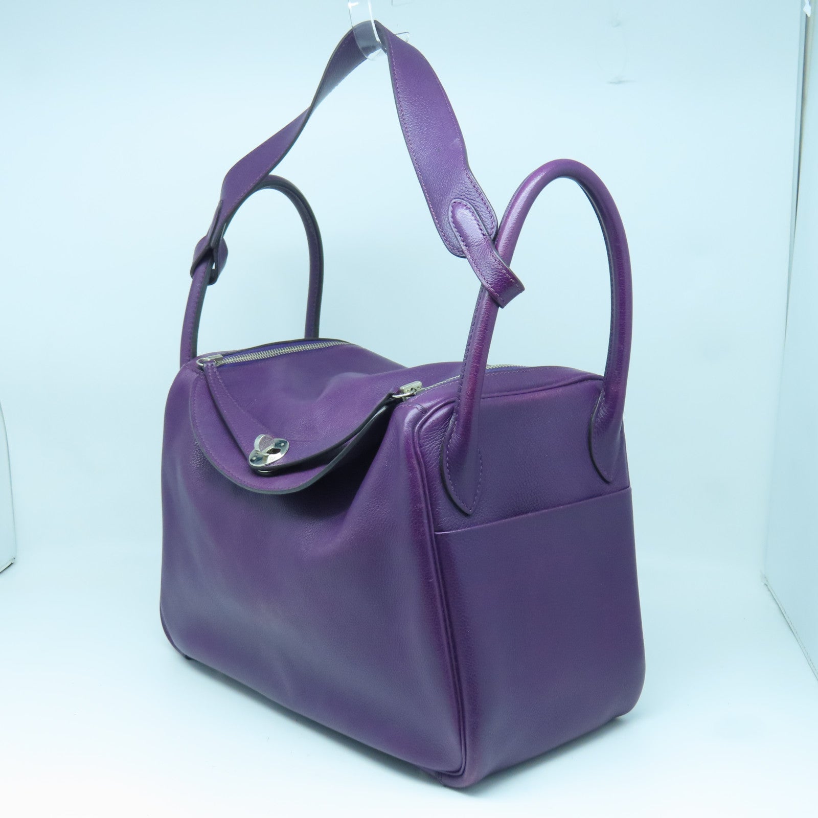 HERMES Evercolor Leather Lindy 30 Silver Buckle Handle Shoulder Backpack Alligator Purple