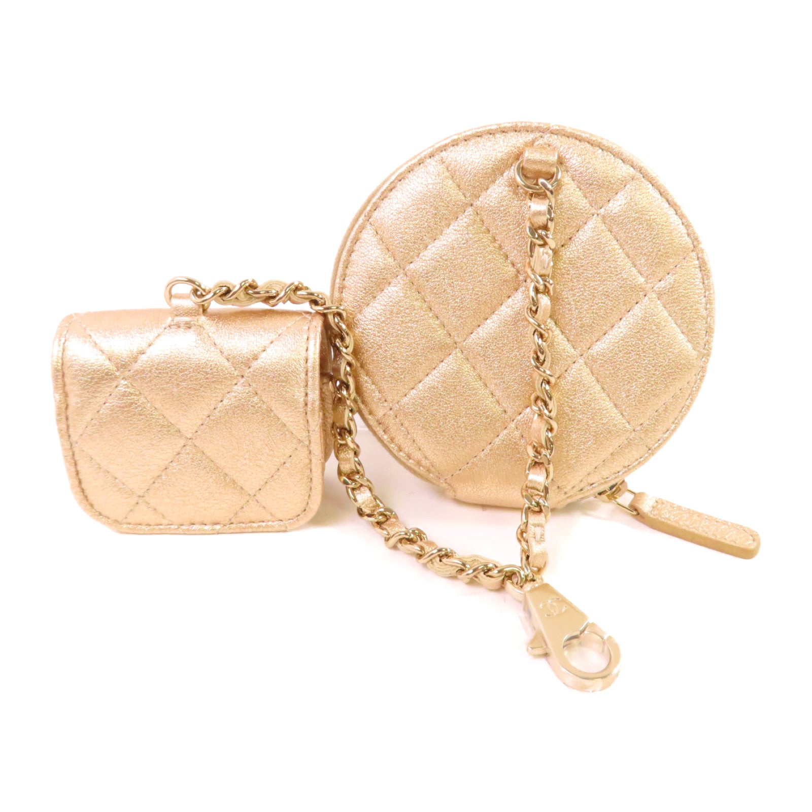 CHANEL 菱格羊皮皮革Coin Pouch and Airpods Case金扣零錢包/耳機套金色
