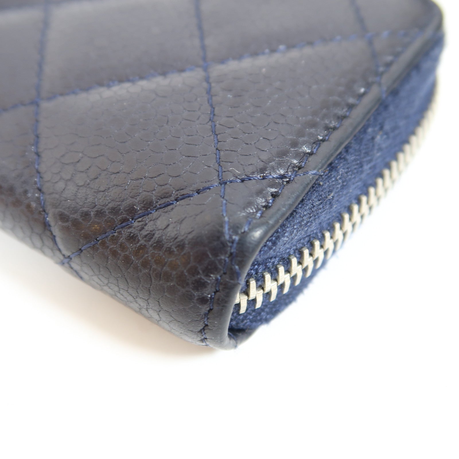 CHANEL 菱格Caviar皮革Card Case銀扣卡片套深藍色
