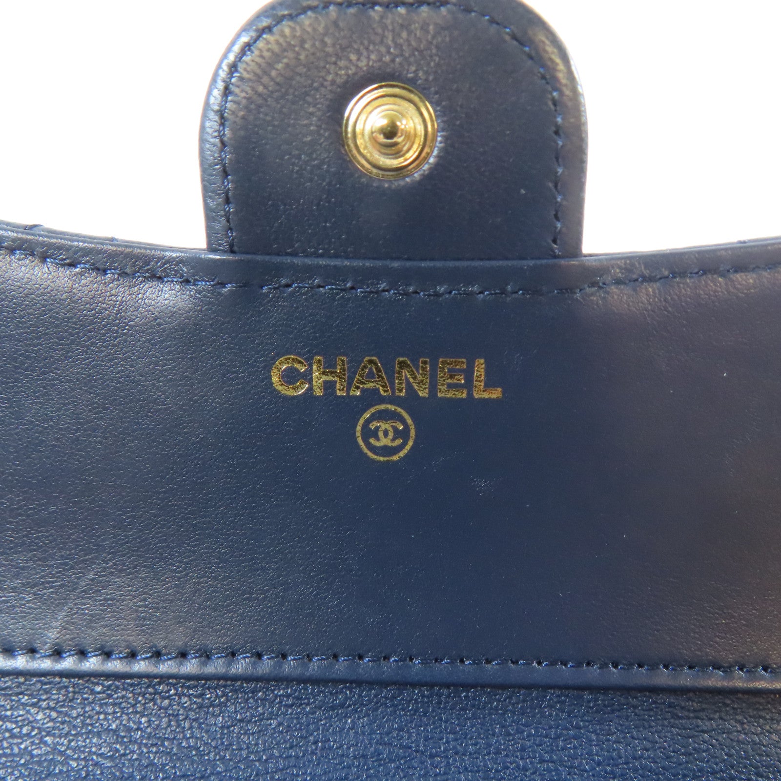 CHANEL 菱格羊皮皮革Wallet金扣啪鈕錢包藍色
