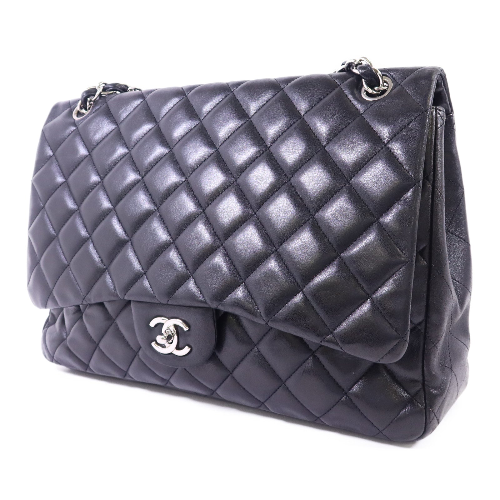 CHANEL 羊皮皮革Maxi Classic銀扣鏈帶肩背袋