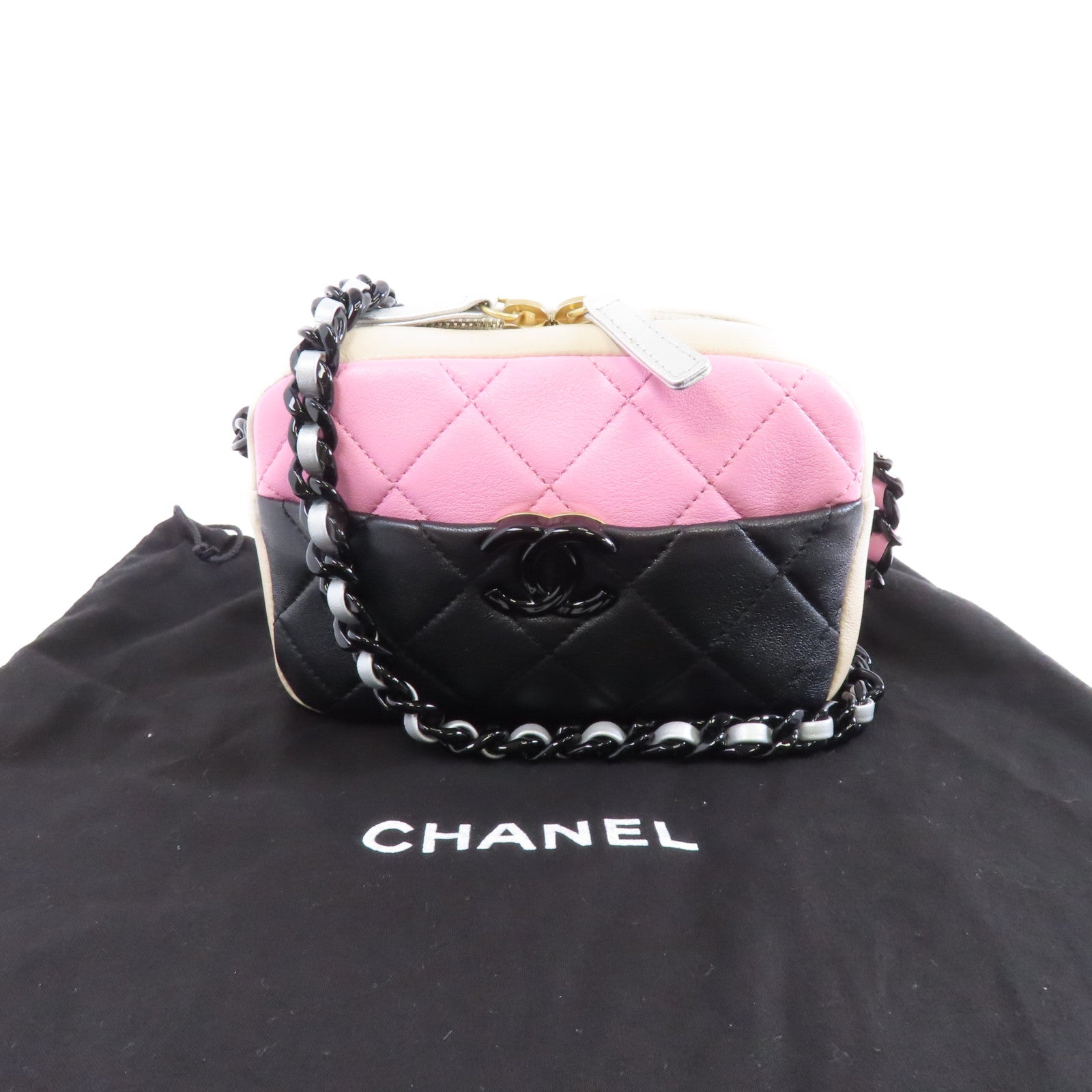 CHANEL 菱格牛皮皮革Shoulder Bag金扣鏈帶肩背袋粉紅色/黑色/米色
