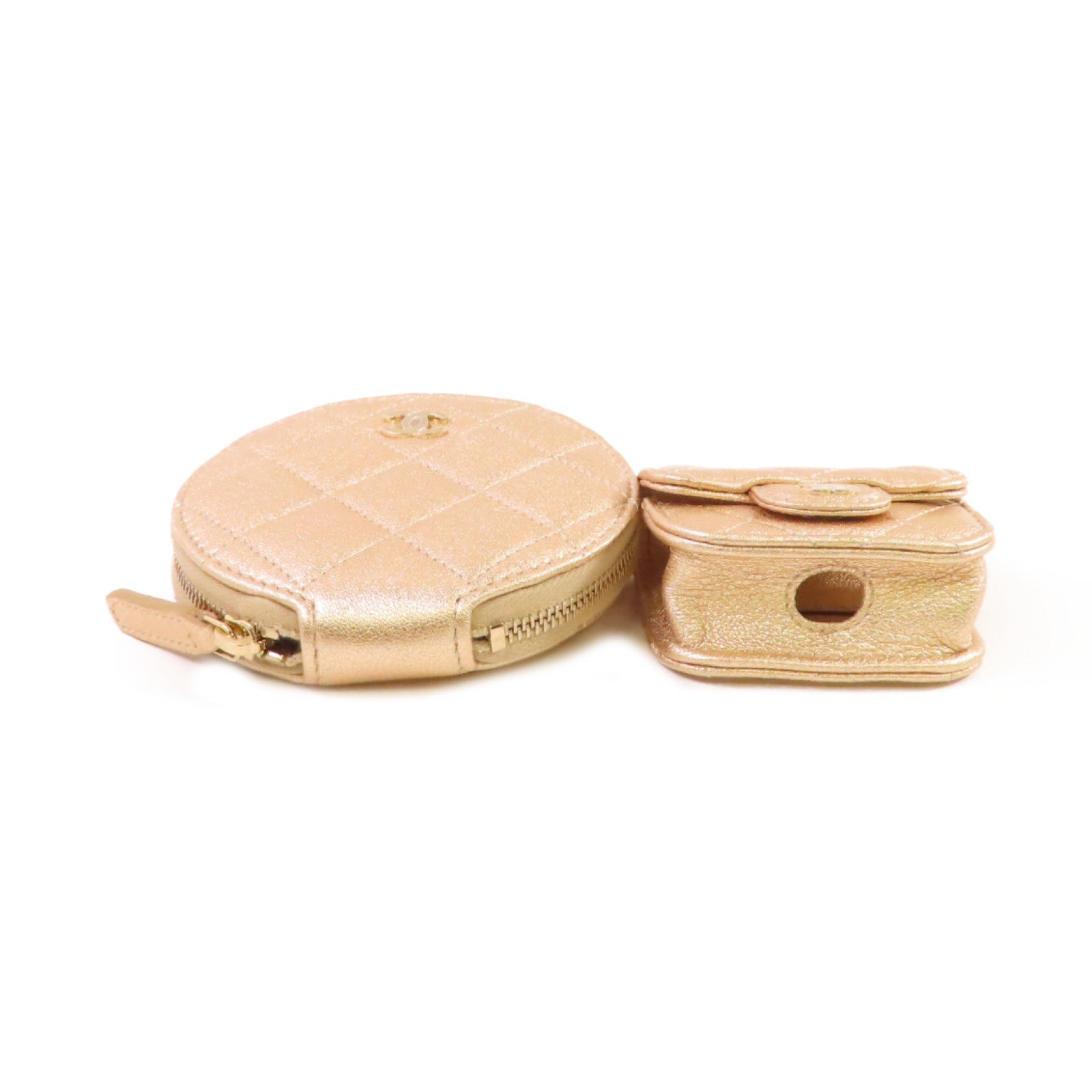 CHANEL 菱格羊皮皮革Coin Pouch and Airpods Case金扣零錢包/耳機套金色