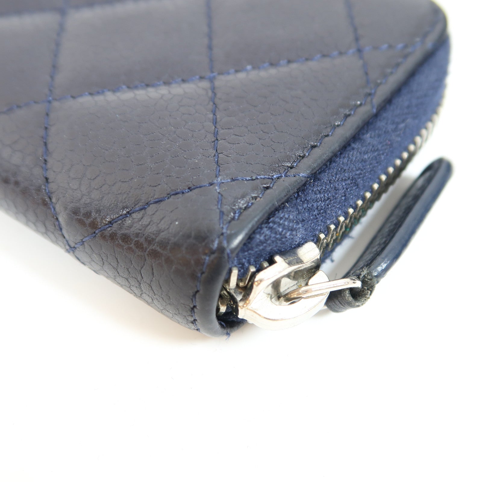 CHANEL 菱格Caviar皮革Card Case銀扣卡片套深藍色